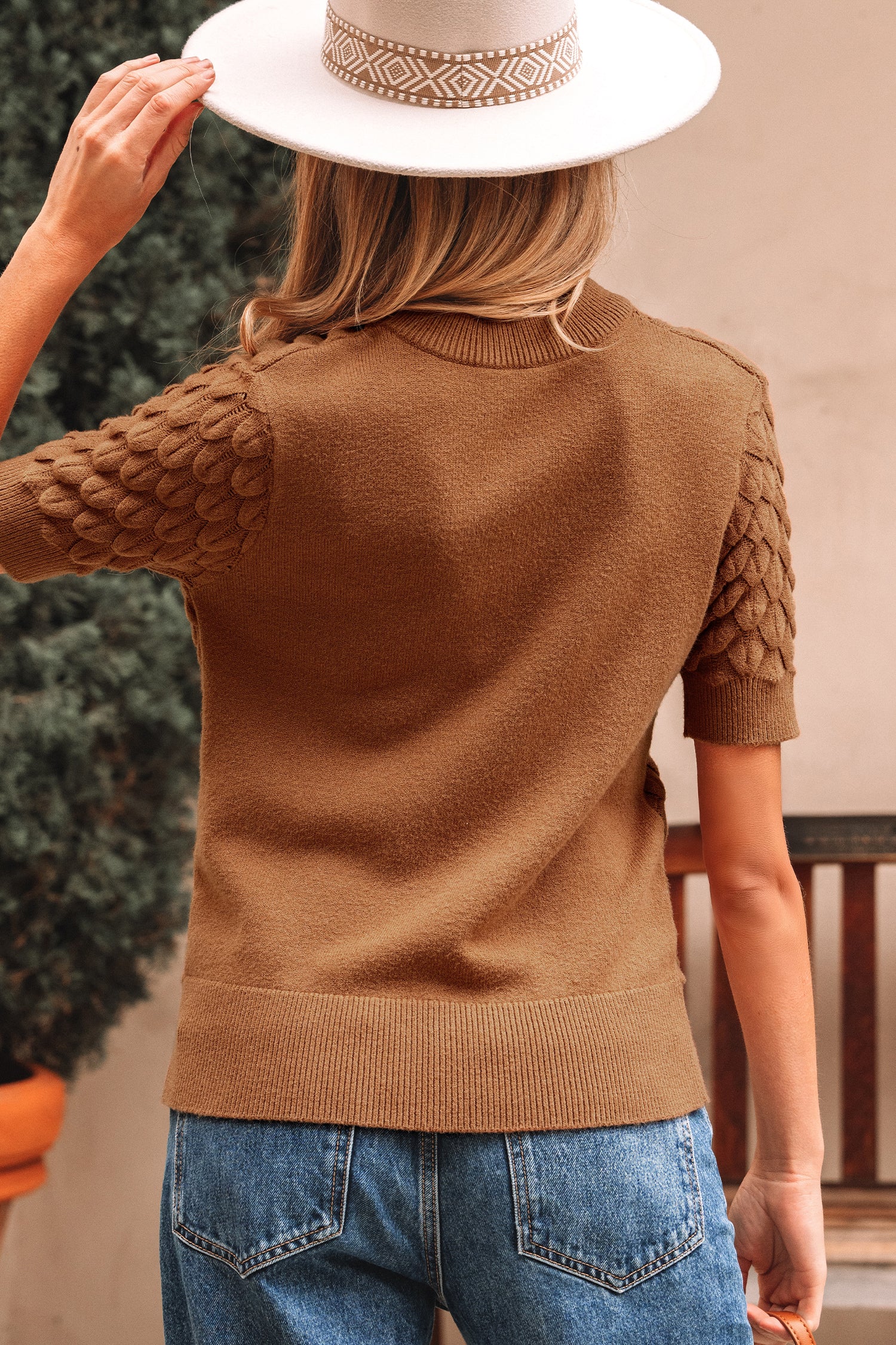 Straw Yellow Fish Scale Textured Knit Ribbed High Neck Short Sleeve Sweater-Sweaters & Cardigans/Short Sleeve Sweaters-[Adult]-[Female]-2022 Online Blue Zone Planet