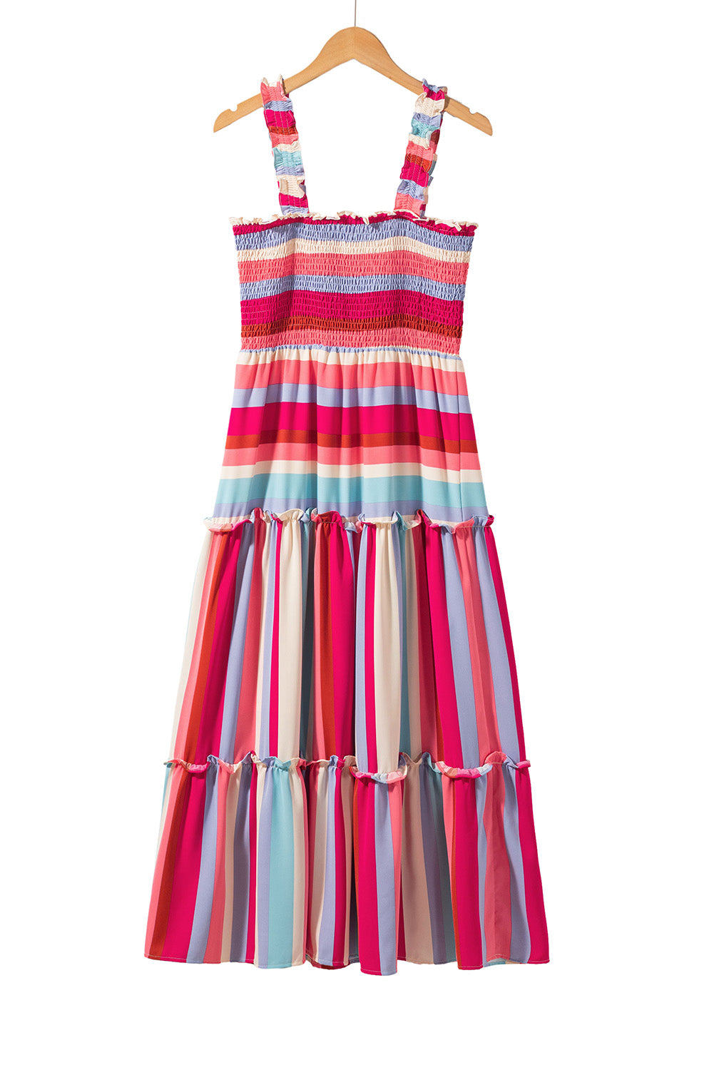 Red Stripe Ruffled Straps Smocked Tiered Long Dress-TOPS / DRESSES-[Adult]-[Female]-2022 Online Blue Zone Planet