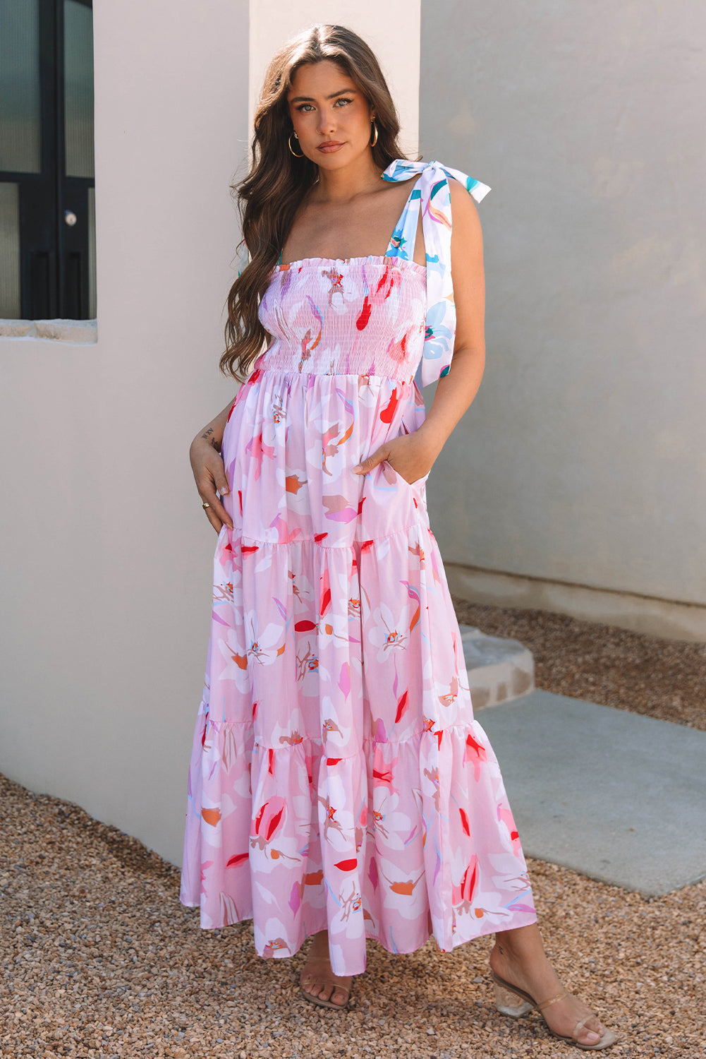 Pink Floral Print Knotted Shoulder Smocked Maxi Dress-TOPS / DRESSES-[Adult]-[Female]-2022 Online Blue Zone Planet