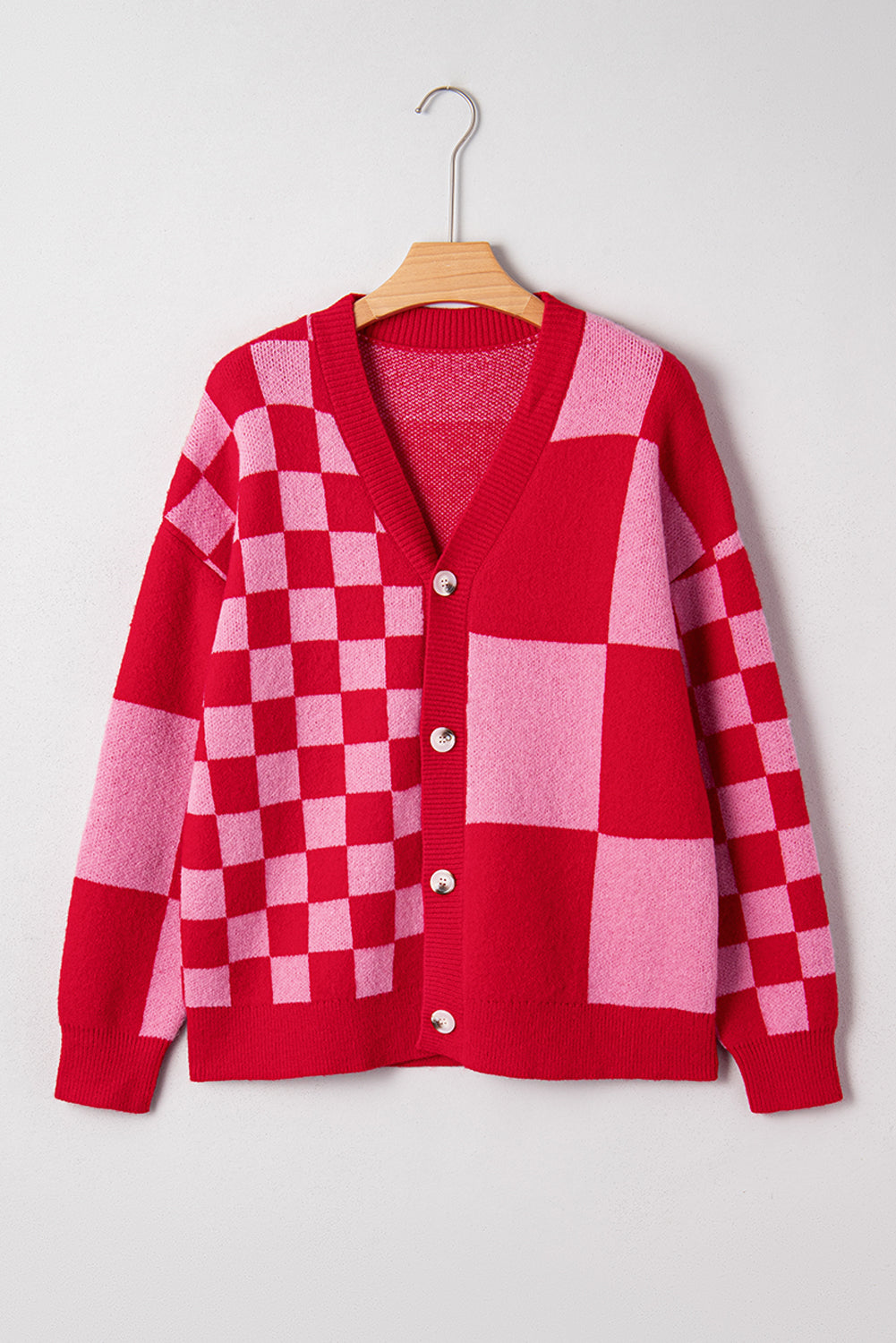 Fiery Red Mixed Plaid Relaxed Sweater Cardigan-Sweaters & Cardigans/Cardigans-[Adult]-[Female]-2022 Online Blue Zone Planet
