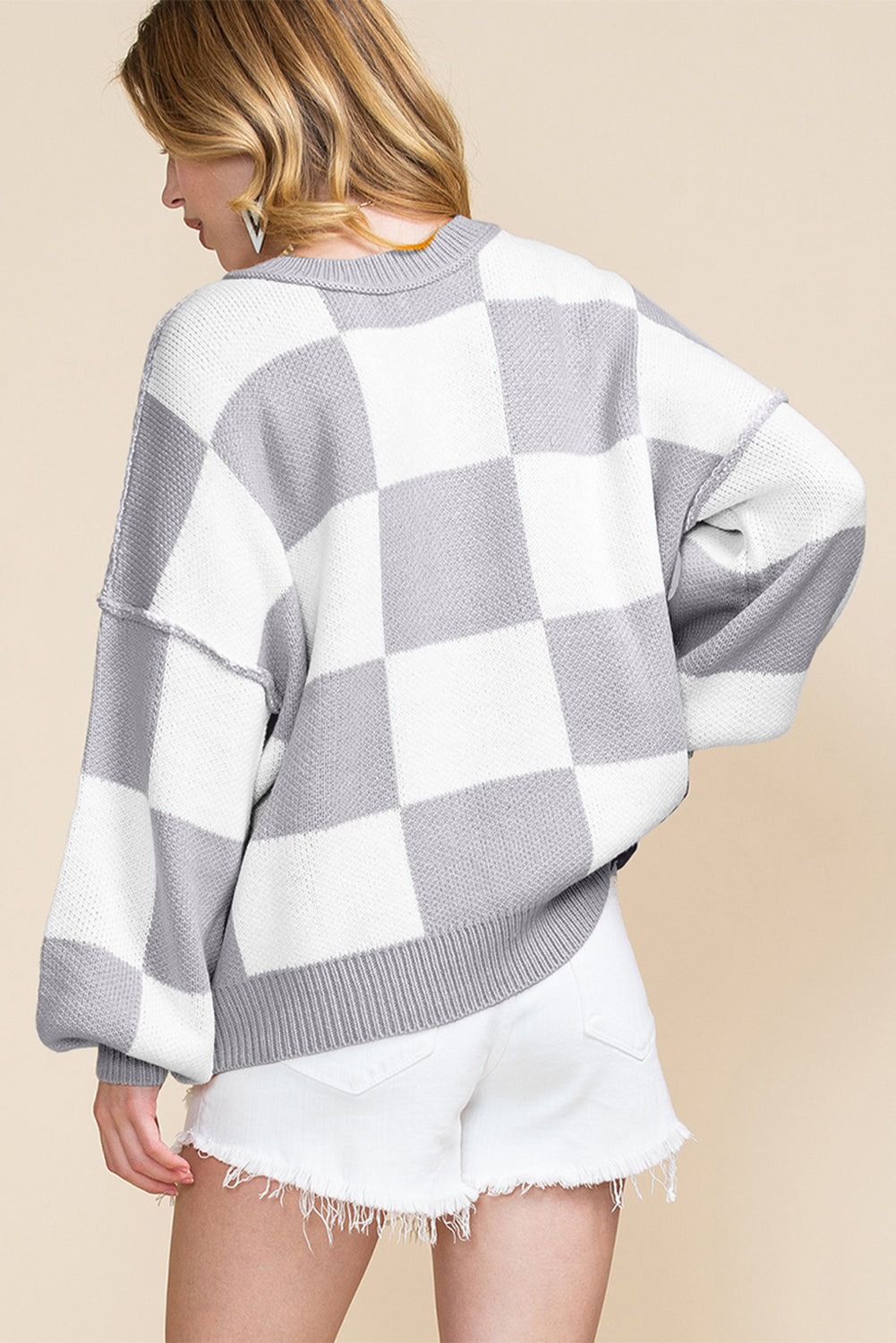Dark Brown Checkered Bishop Sleeve Sweater-Sweaters & Cardigans/Sweaters-[Adult]-[Female]-2022 Online Blue Zone Planet