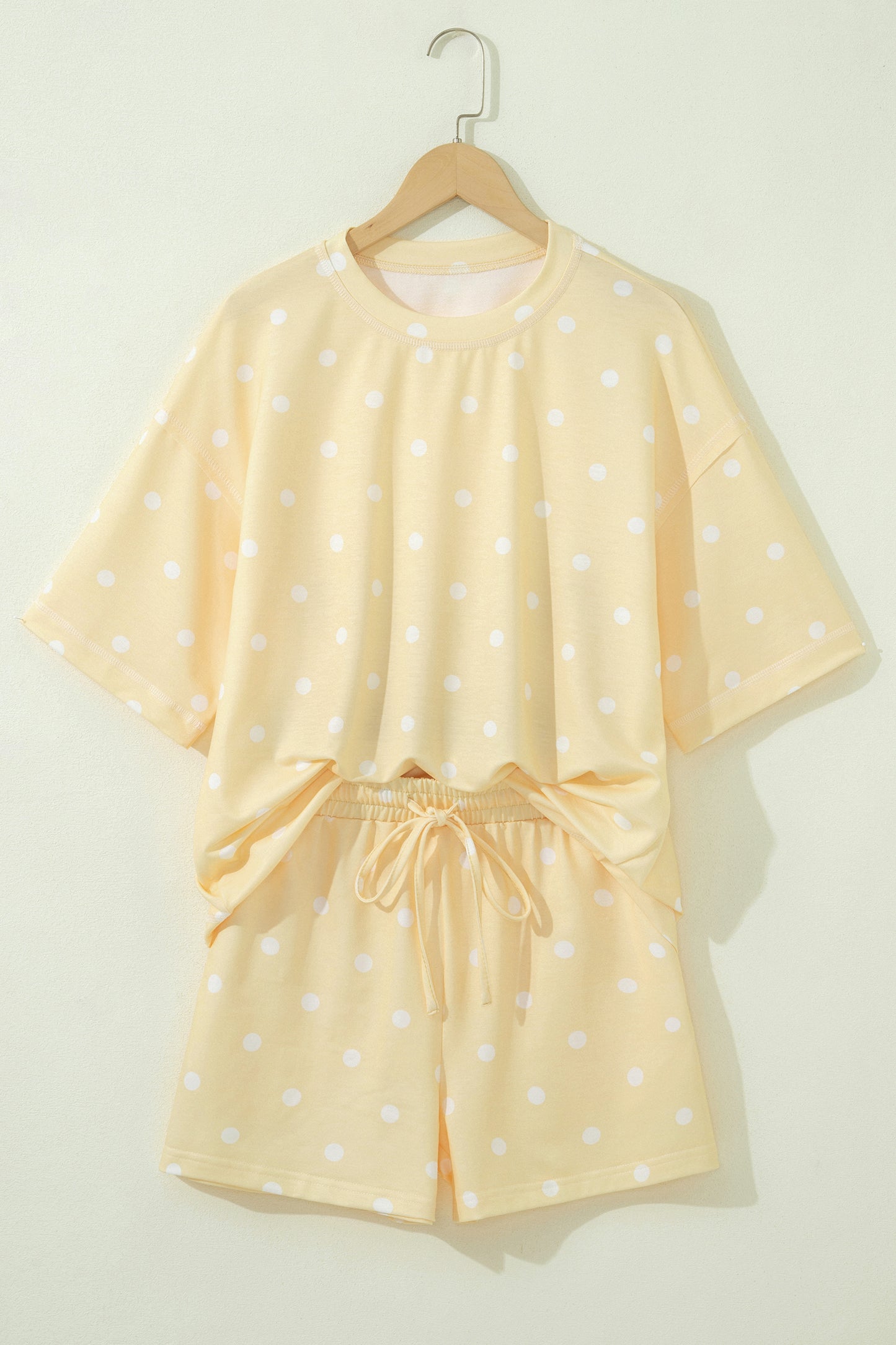 White Exposed Seam Detail Polka Dot Loose Tee Drawstring Shorts Set-Two Piece Sets/Short Sets-[Adult]-[Female]-2022 Online Blue Zone Planet