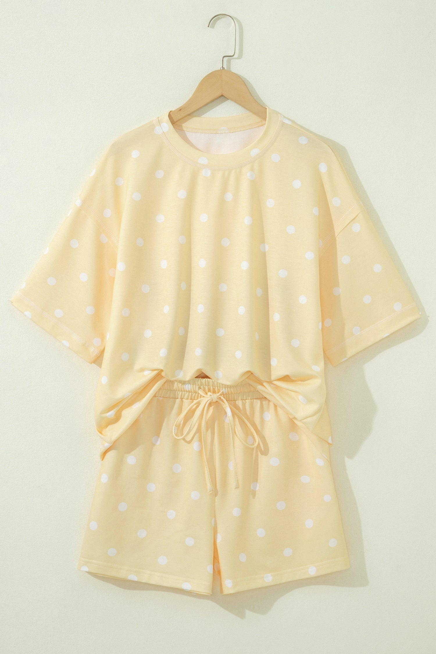 White Exposed Seam Detail Polka Dot Loose Tee Drawstring Shorts Set-Two Piece Sets/Short Sets-[Adult]-[Female]-2022 Online Blue Zone Planet