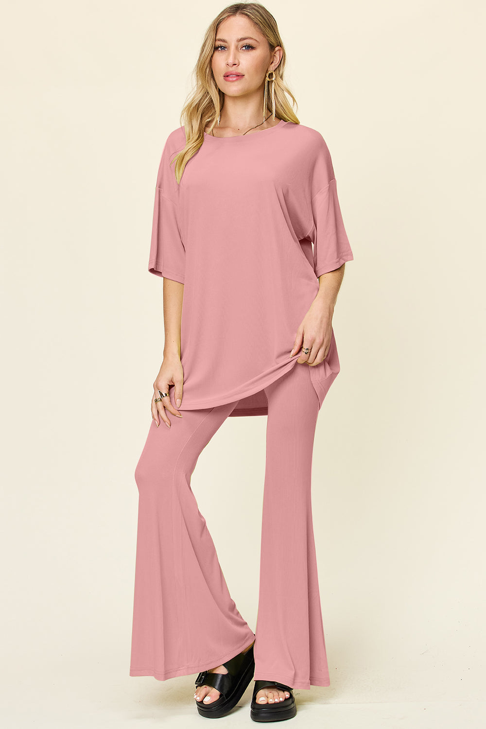 Blue Zone Planet | Double Take Full Size Round Neck Drop Shoulder T-Shirt and Flare Pants Set-TOPS / DRESSES-[Adult]-[Female]-Dusty Pink-S-2022 Online Blue Zone Planet