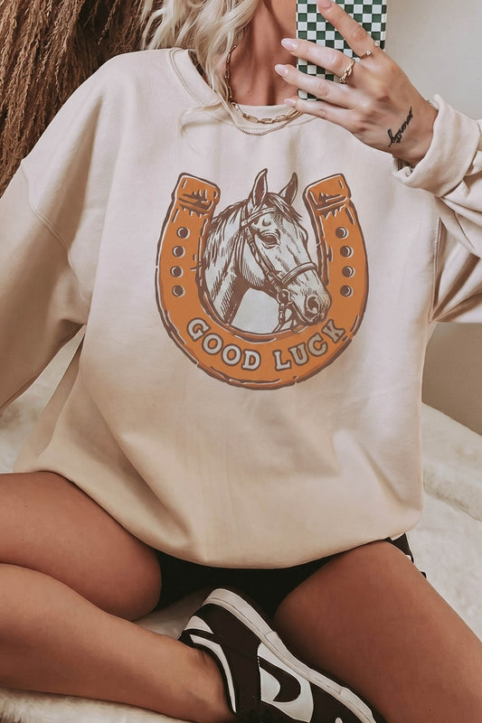 Beige GOOD LUCK Western Horse Print Oversized Pullover Sweatshirt-Tops/Sweatshirts & Hoodies-[Adult]-[Female]-Beige-S-2022 Online Blue Zone Planet
