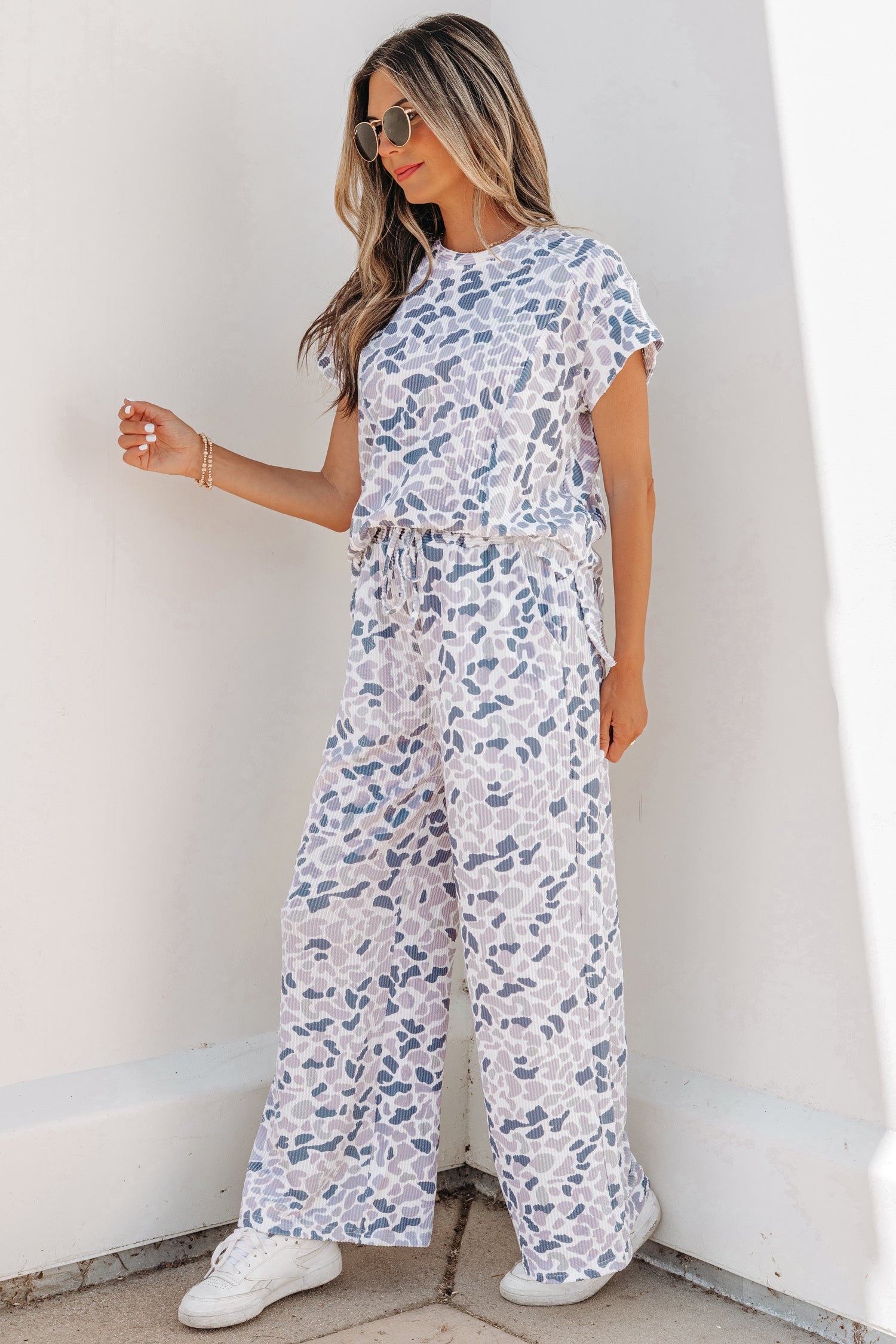 Beige Camouflage Print Twisted Rib Loose Tee Drawstring Pants Set-Two Piece Sets/Pant Sets-[Adult]-[Female]-2022 Online Blue Zone Planet