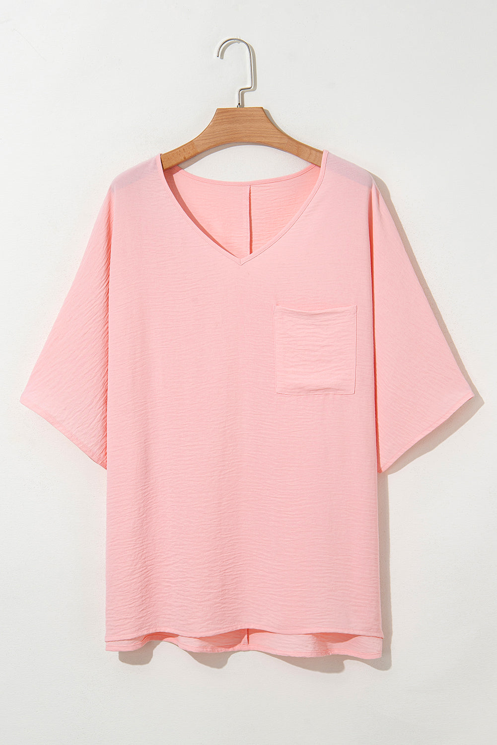 Pink Textured Half Sleeve V Neck Plus Size T Shirt With Chest Pocket-Plus Size/Plus Size Tops/Plus Size Tops & Tees-[Adult]-[Female]-2022 Online Blue Zone Planet