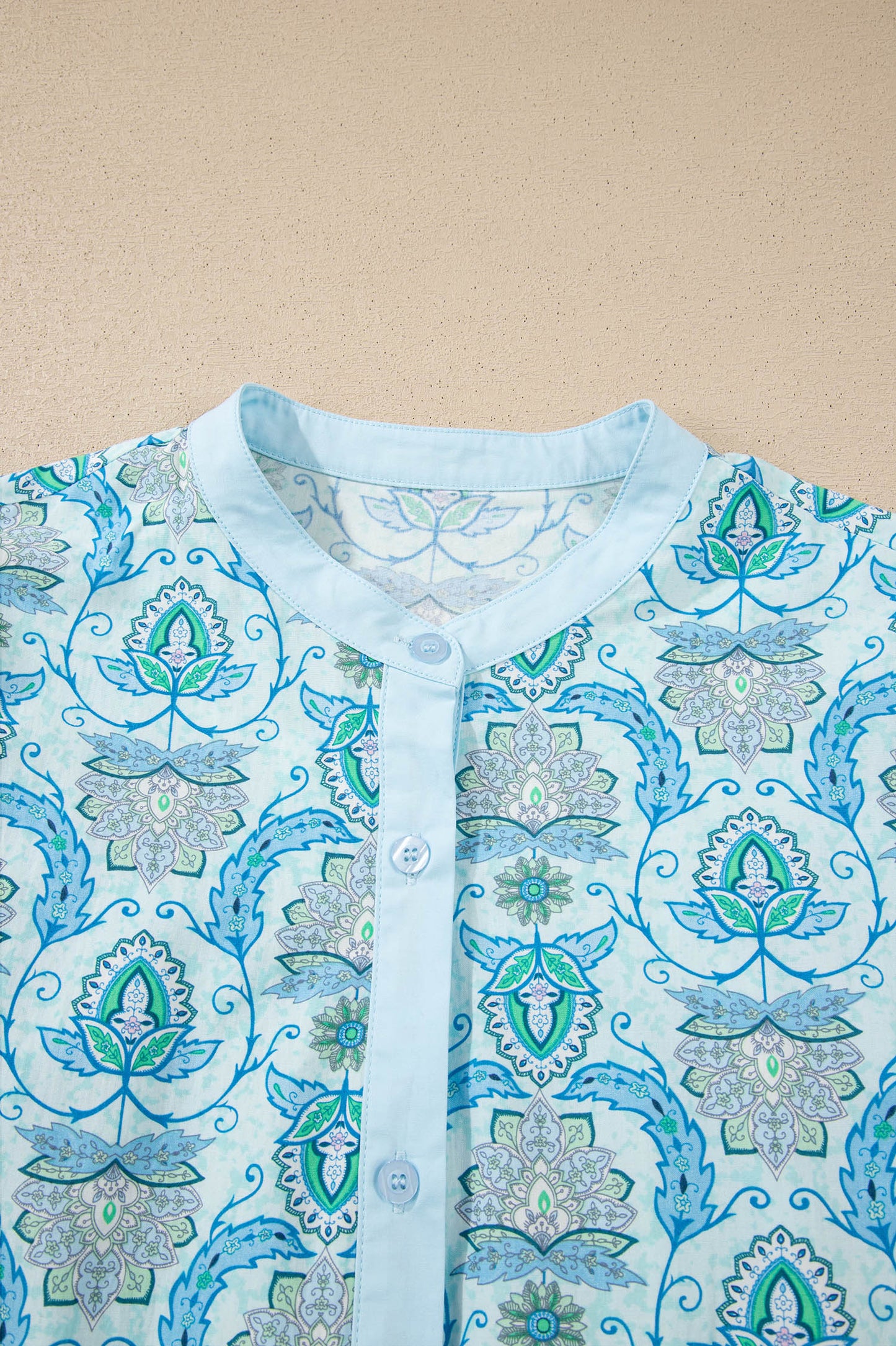 Sky Blue Paisley Print Puff Sleeve Loose Shirt-Tops/Blouses & Shirts-[Adult]-[Female]-2022 Online Blue Zone Planet