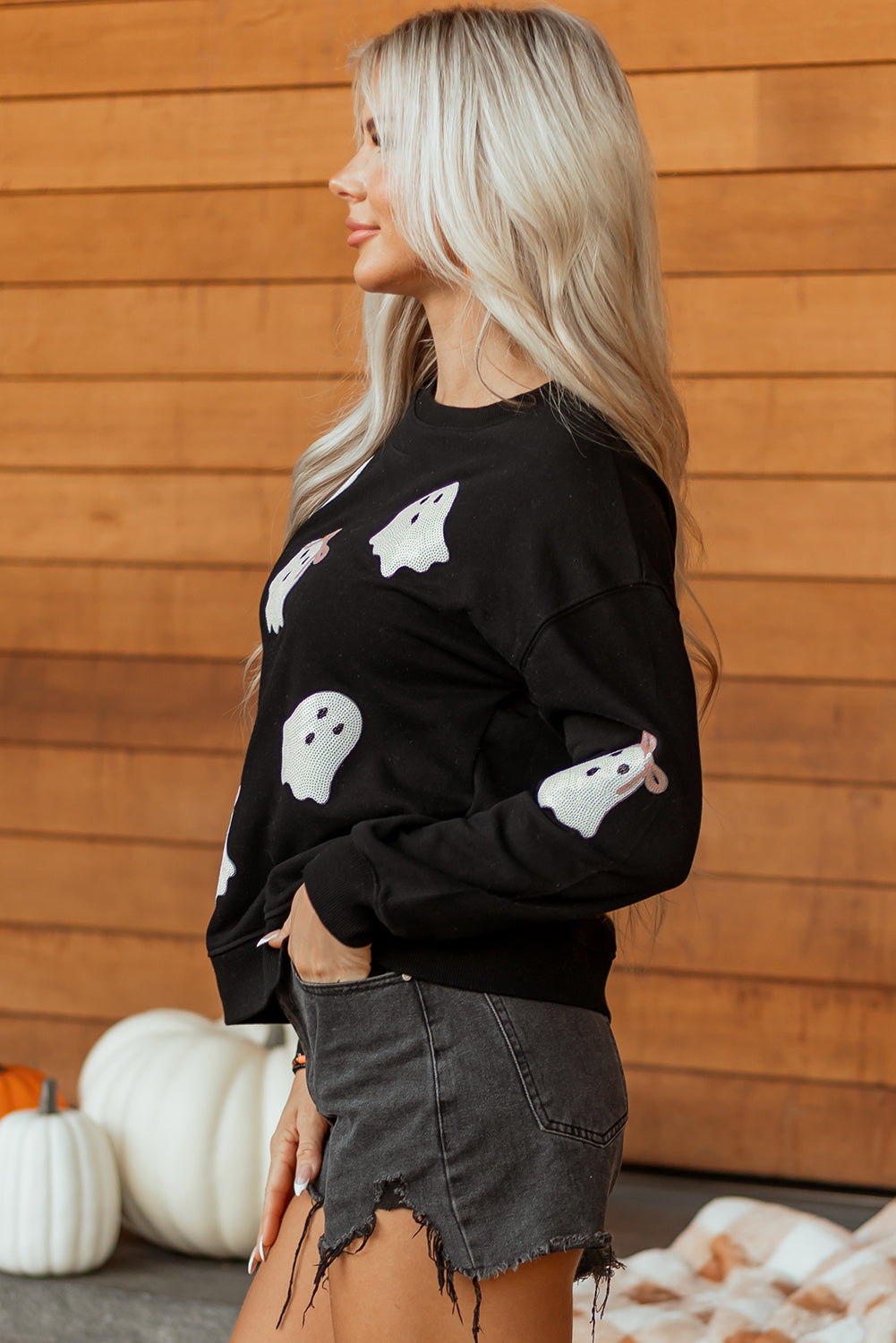 Black Sequin Cute Bow Ghost Graphic Crew Neck Halloween Sweatshirt-Graphic/Graphic Sweatshirts-[Adult]-[Female]-2022 Online Blue Zone Planet