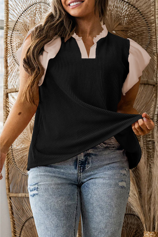 Black Plus Size Contrast Frilled Neckline Ruffled Short Sleeve Ribbed Textured Blouse-Plus Size/Plus Size Tops/Plus Size Blouses & Shirts-[Adult]-[Female]-Black-L-2022 Online Blue Zone Planet