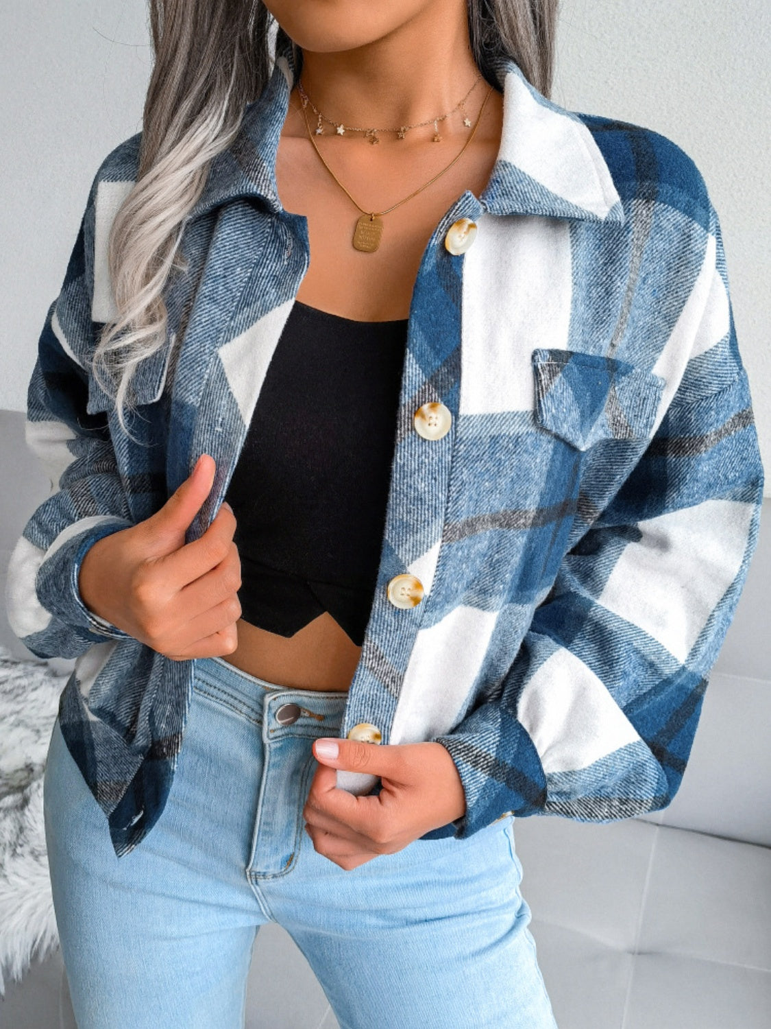 Plaid Collared Neck Long Sleeve Jacket-TOPS / DRESSES-[Adult]-[Female]-2022 Online Blue Zone Planet