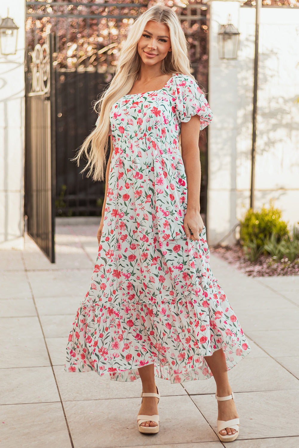 Pink Floral Puff Sleeve Square Neck Empire Waist Tiered Maxi Dress Pink Floral Puff Sleeve Square Neck Empire Waist Tiered Maxi Dress