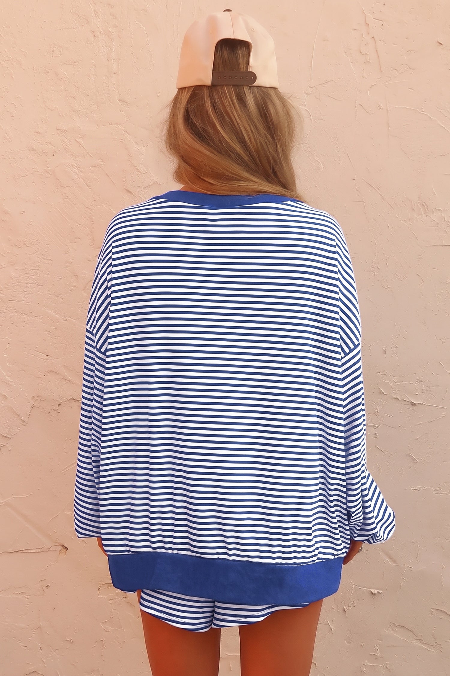 Blue Stripe Oversized Long Sleeve Top Drawstring Loose Shorts 2pcs Set-Two Piece Sets/Short Sets-[Adult]-[Female]-2022 Online Blue Zone Planet