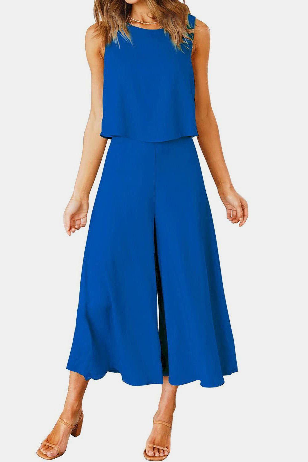 Round Neck Top and Wide Leg Pants Set-TOPS / DRESSES-[Adult]-[Female]-Royal Blue-S-2022 Online Blue Zone Planet