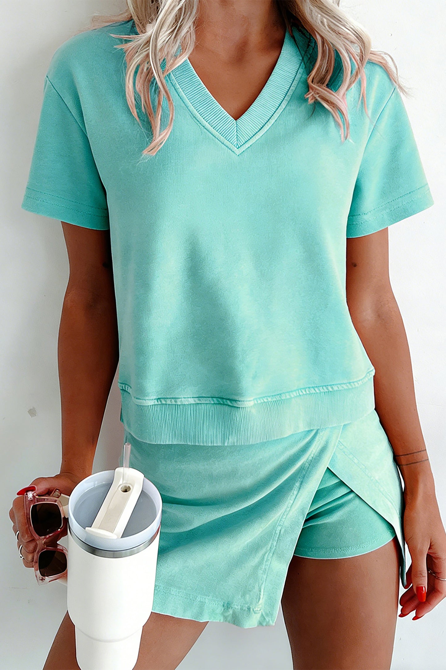 Light Pink Mineral Wash V Neck Tee Matching Skort Set-Two Piece Sets/Two Piece Dresses-[Adult]-[Female]-2022 Online Blue Zone Planet