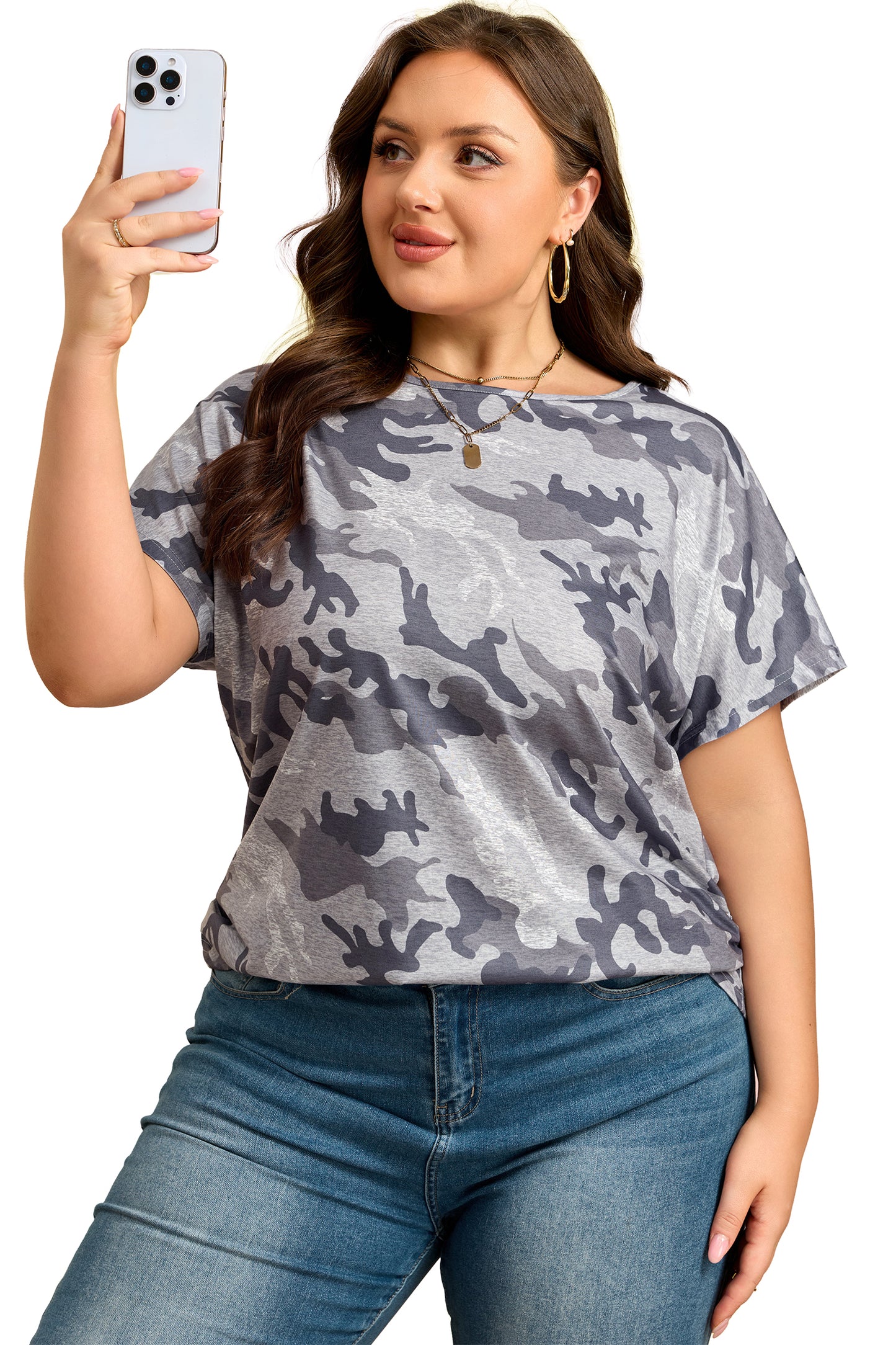 Gray Plus Size Camo Print Casual T Shirt-Plus Size/Plus Size Tops/Plus Size Tops & Tees-[Adult]-[Female]-2022 Online Blue Zone Planet