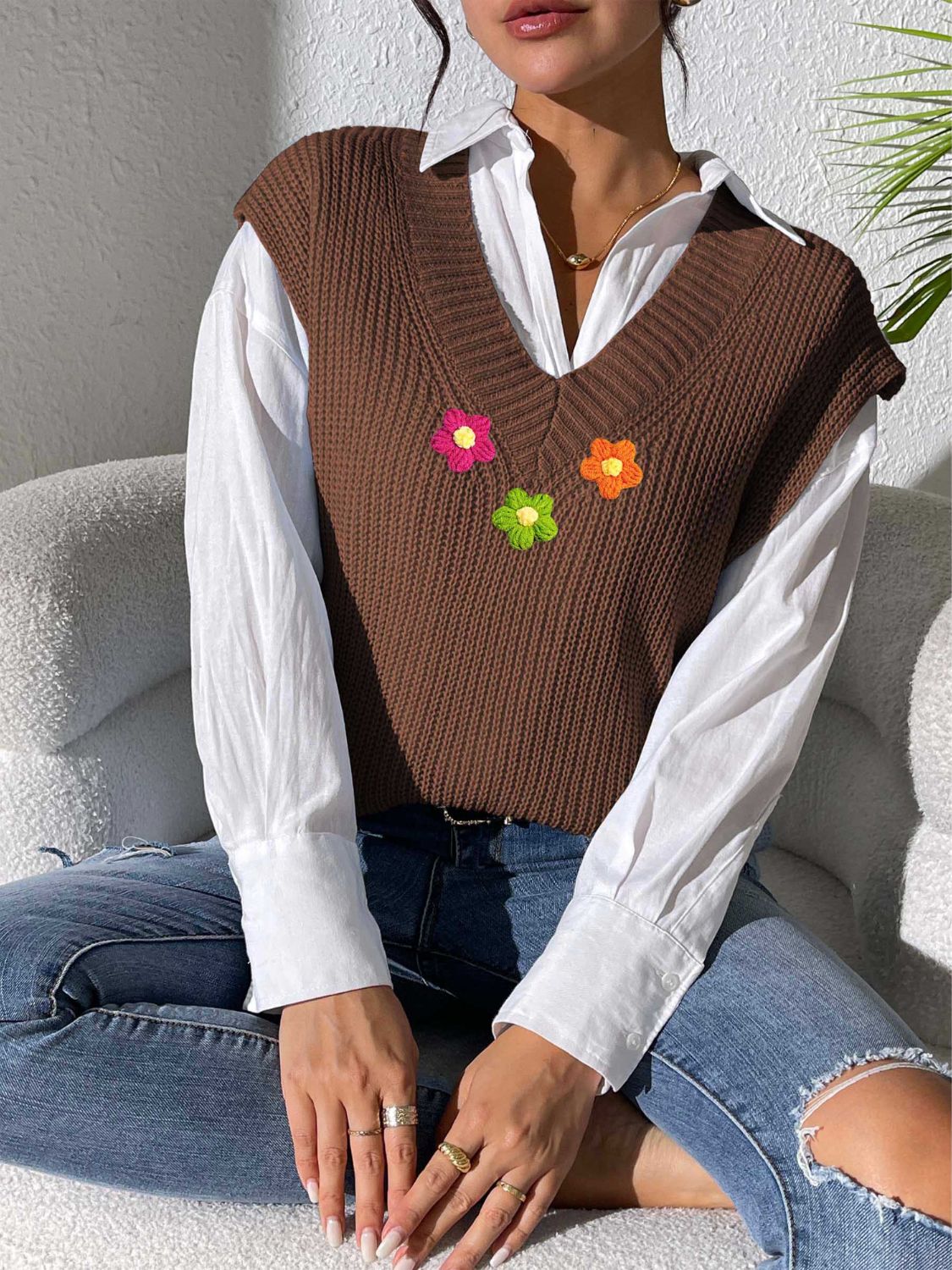 Flower V-Neck Sweater Vest-TOPS / DRESSES-[Adult]-[Female]-Coffee Brown-One Size-2022 Online Blue Zone Planet