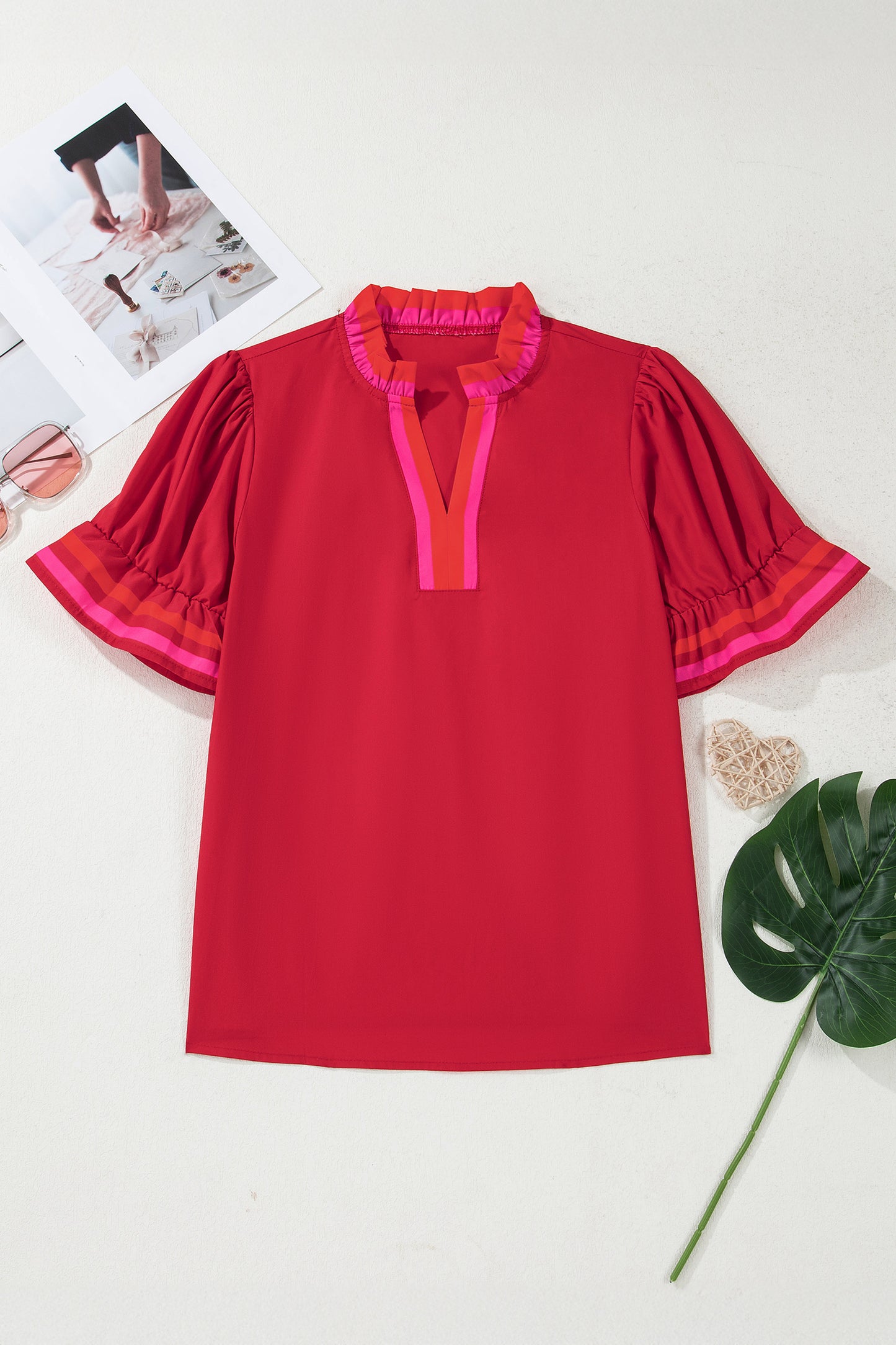 Fiery Red Striped Frilled Collar Ruffled Short Sleeve Blouse-Tops/Blouses & Shirts-[Adult]-[Female]-2022 Online Blue Zone Planet