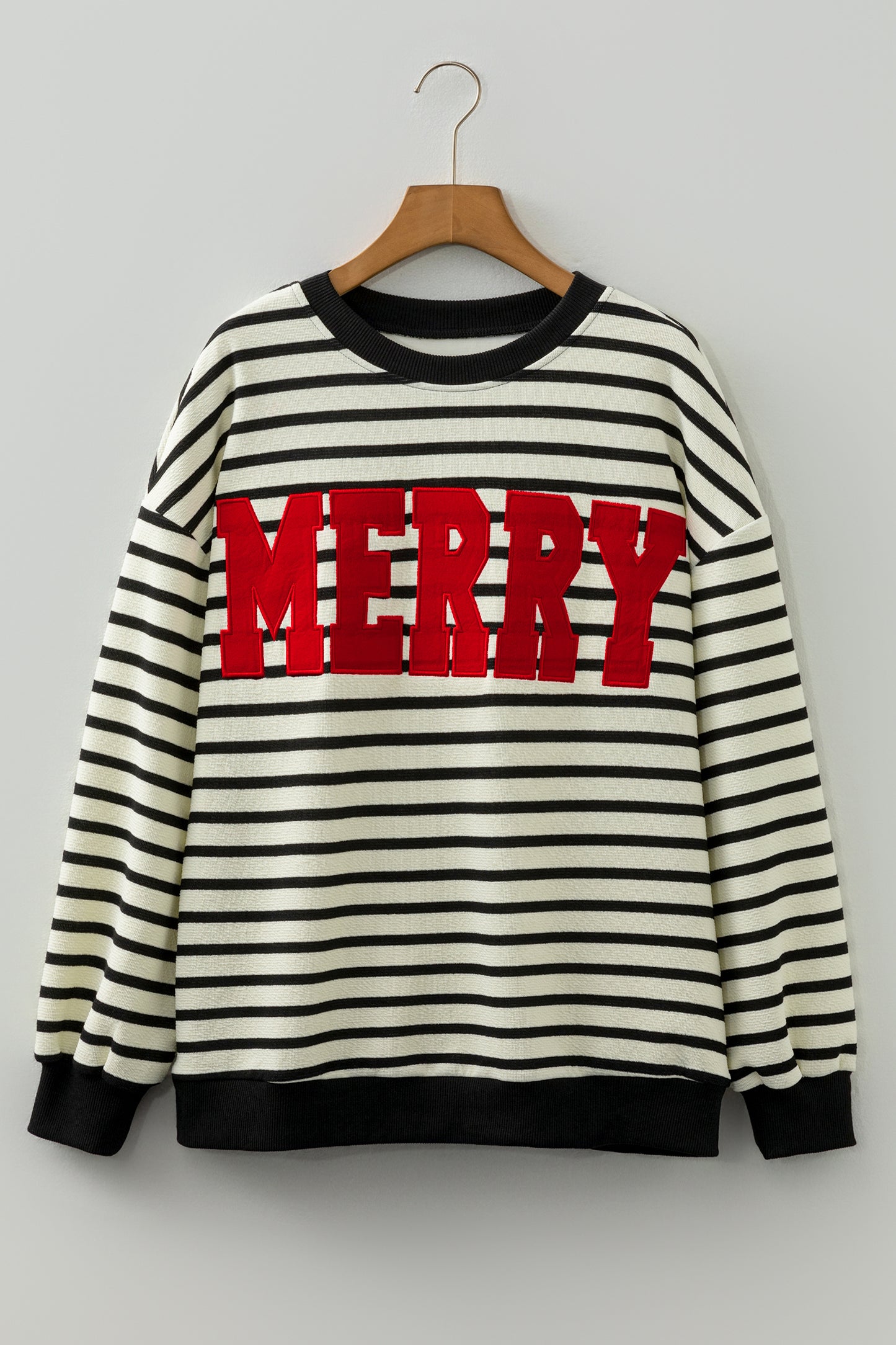 White Stripe Contrast MERRY Letter Christmas Print Drop Shoulder Sweatshirt-Tops/Sweatshirts & Hoodies-[Adult]-[Female]-2022 Online Blue Zone Planet