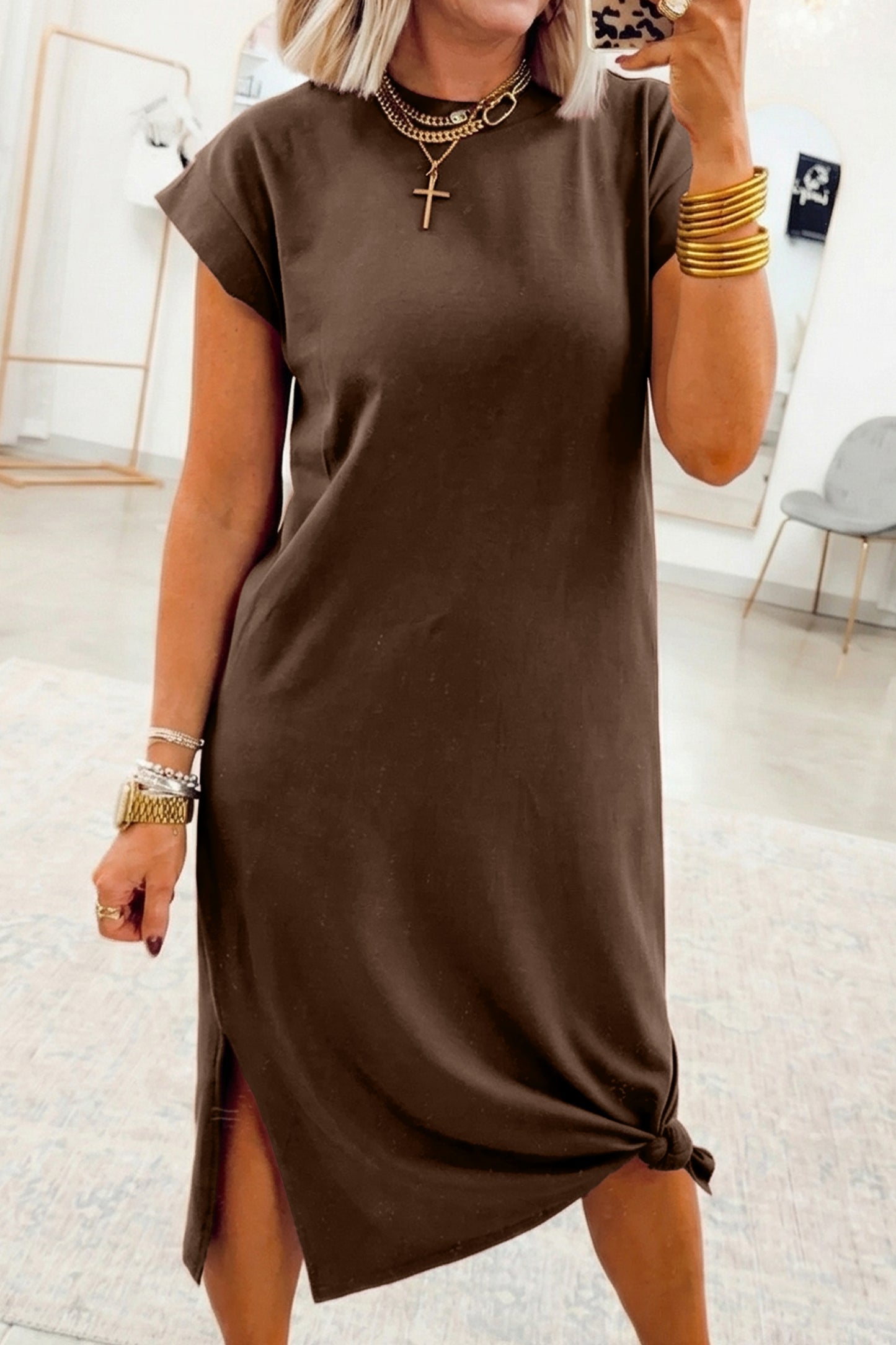 Green Bay Solid Color Long T Shirt Dress with Slits-Dresses/T Shirt Dresses-[Adult]-[Female]-Red Sandalwood-S-2022 Online Blue Zone Planet