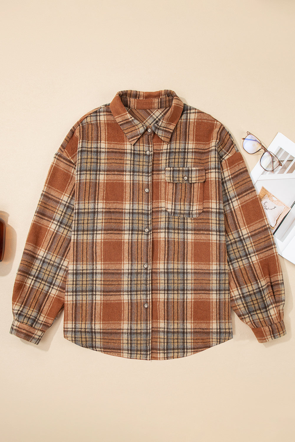 Brown Plaid Print Flap Pocket Buttoned Plus Size Shacket-Plus Size/Plus Size Outerwear-[Adult]-[Female]-2022 Online Blue Zone Planet