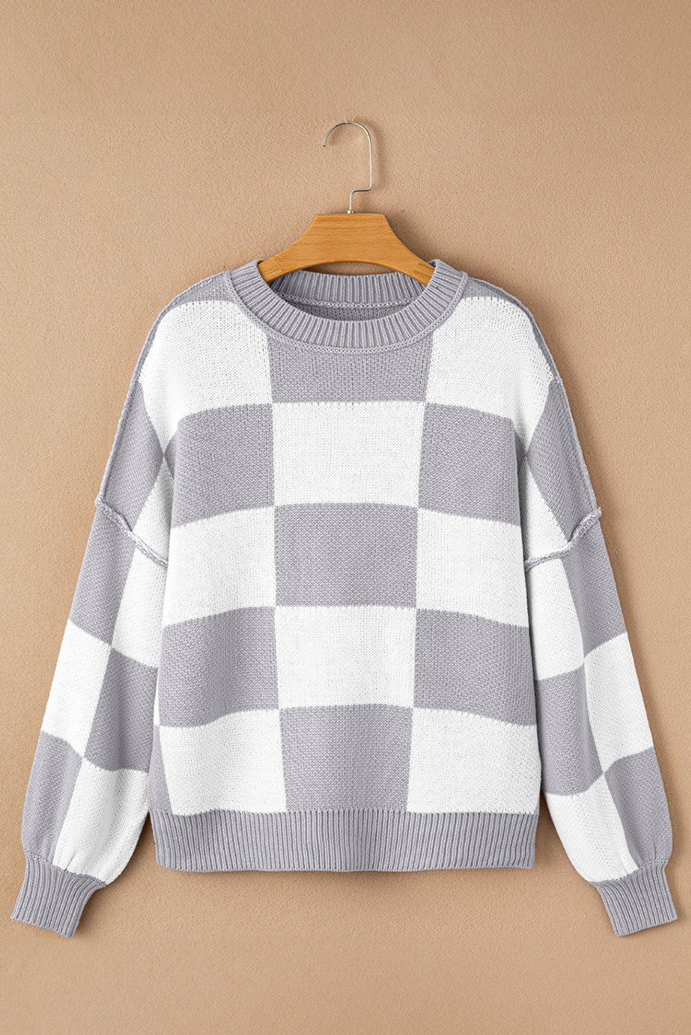 Blue Zone Planet | Pink Checked Bishop Sleeve Pullover Sweater-Sweaters-[Adult]-[Female]-2022 Online Blue Zone Planet