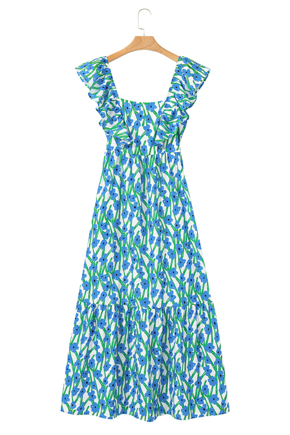 Blue Floral Print Square Neck Ruffled Strap Maxi Dress-TOPS / DRESSES-[Adult]-[Female]-2022 Online Blue Zone Planet