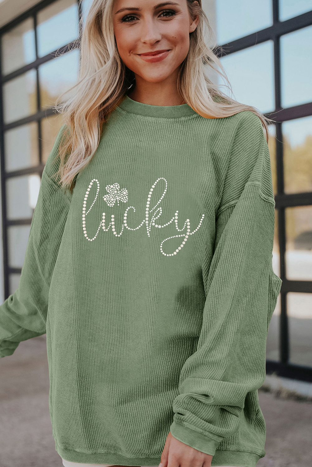 Grass Green Rhinestone lucky Clover Graphic Ribbed St Patrick Sweatshirt-Graphic Sweatshirts-[Adult]-[Female]-2022 Online Blue Zone Planet