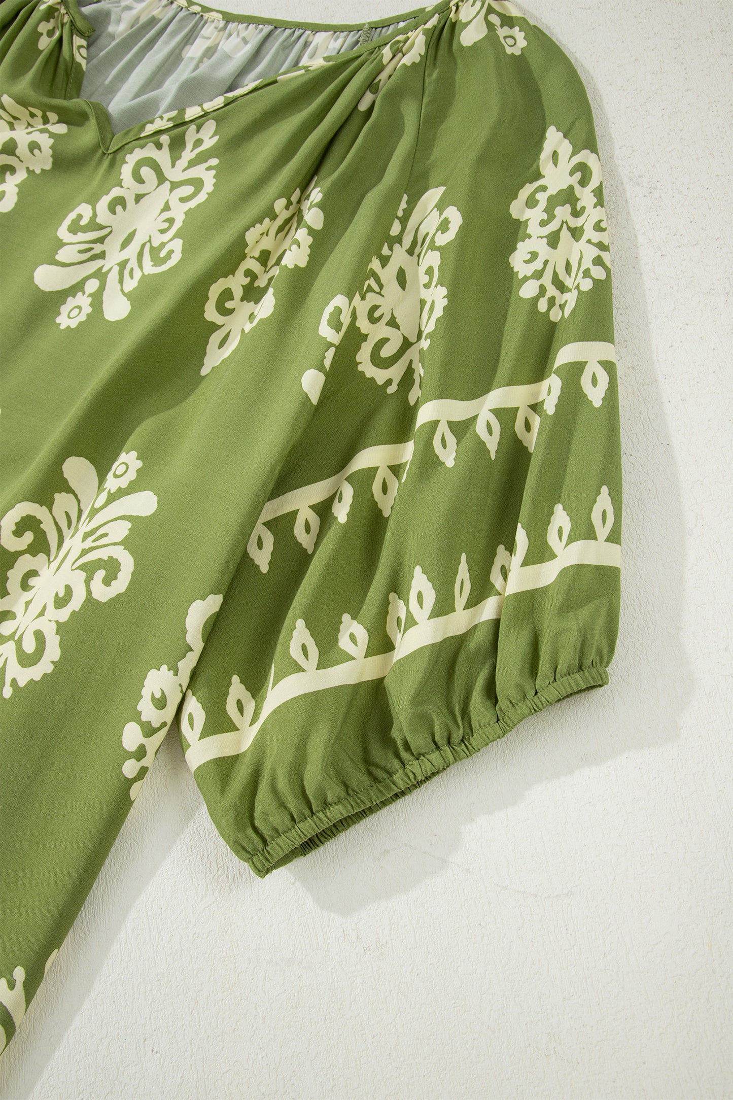 Green Boho Chic Notched V Neck Plus Floral Short Sleeve Top-Plus Size/Plus Size Tops/Plus Size Blouses & Shirts-[Adult]-[Female]-2022 Online Blue Zone Planet