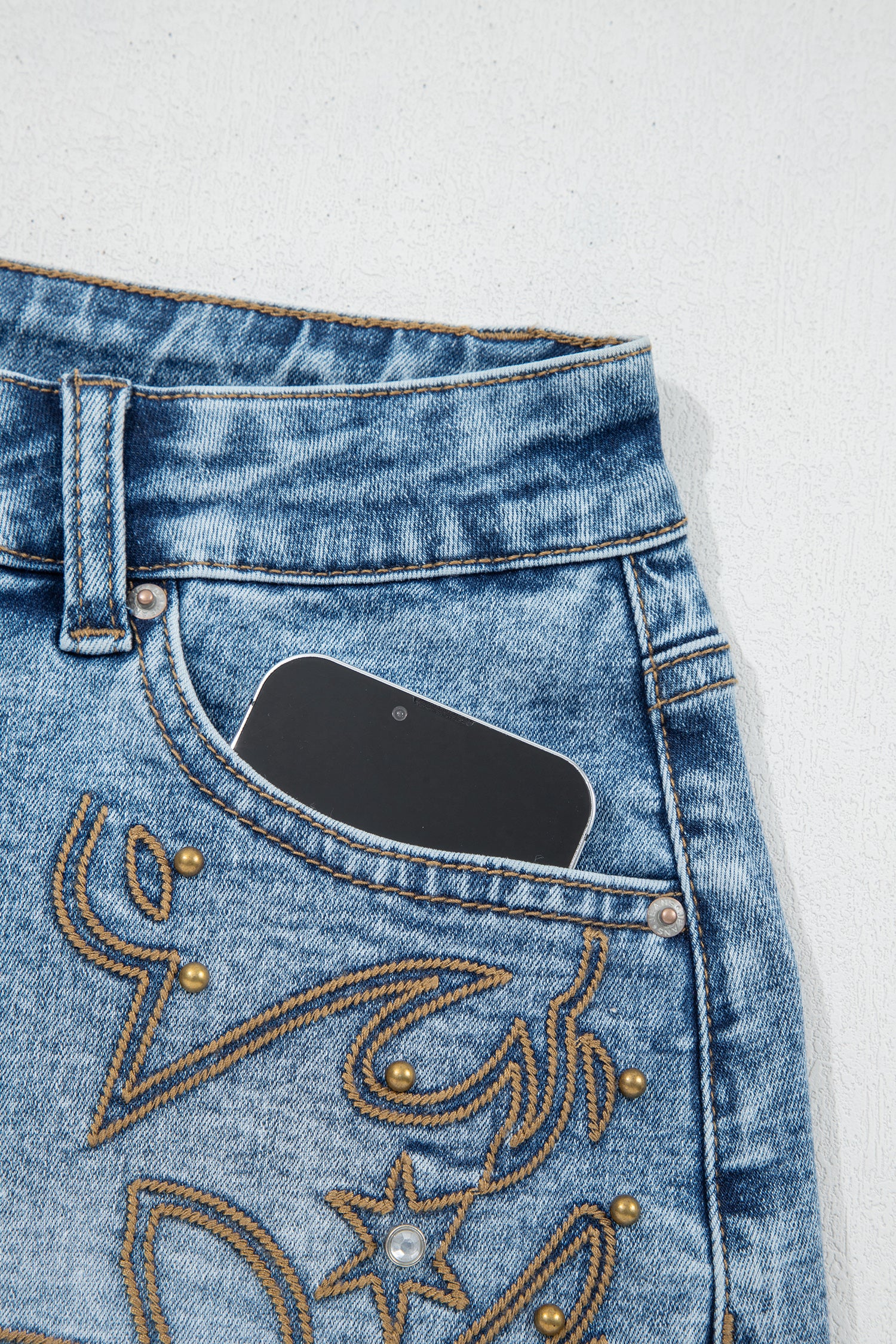 Dusk Blue Western Embroidery Stud Denim Shorts Summer Daily Wear-Bottoms/Denim Shorts-[Adult]-[Female]-2022 Online Blue Zone Planet