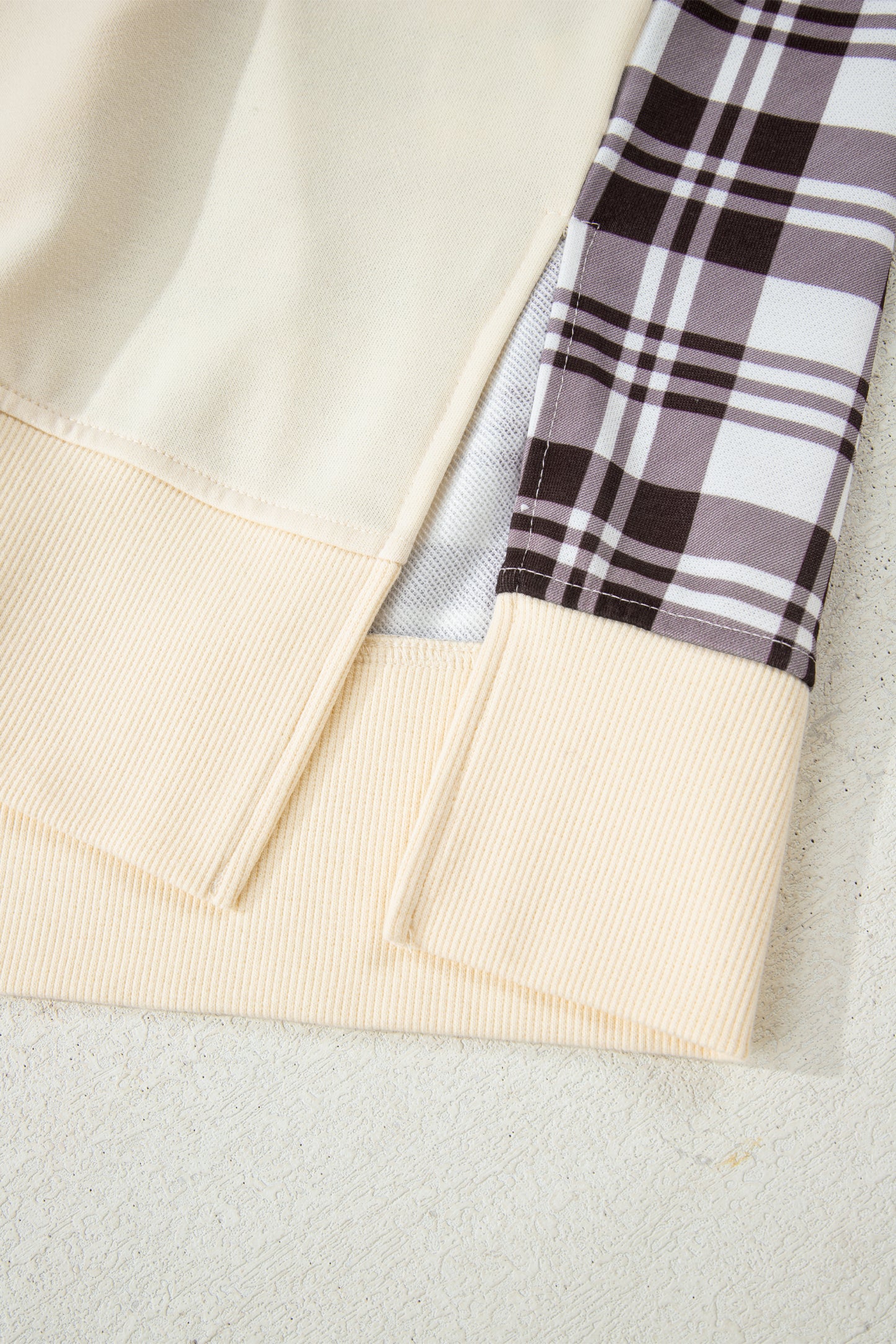 Beige Plaid Patchwork Side Slit Sweatshirt-Tops / Dresses-[Adult]-[Female]-2022 Online Blue Zone Planet