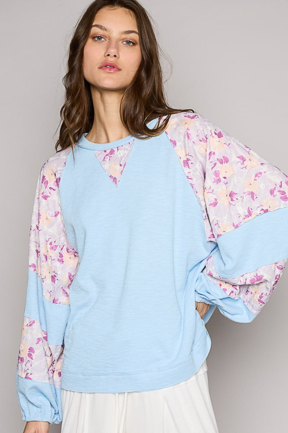 POL Round Neck Balloon Floral Long Sleeve Top-TOPS / DRESSES-[Adult]-[Female]-Sky Blue Multi-S-2022 Online Blue Zone Planet