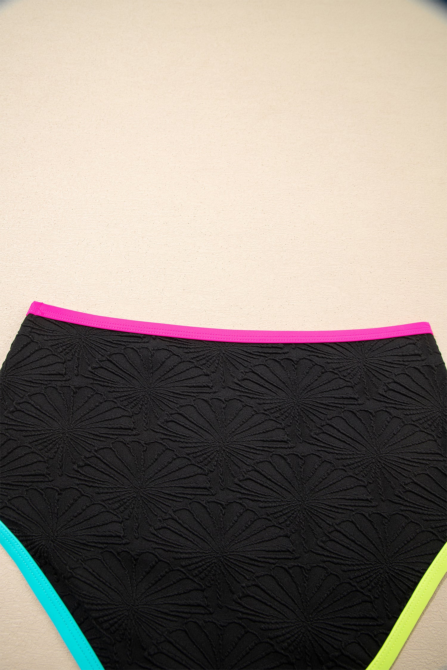 Black Floral Textured Neon Trim V Neck Crisscross Backless Tankini Set-Swimwear/Tankinis-[Adult]-[Female]-2022 Online Blue Zone Planet