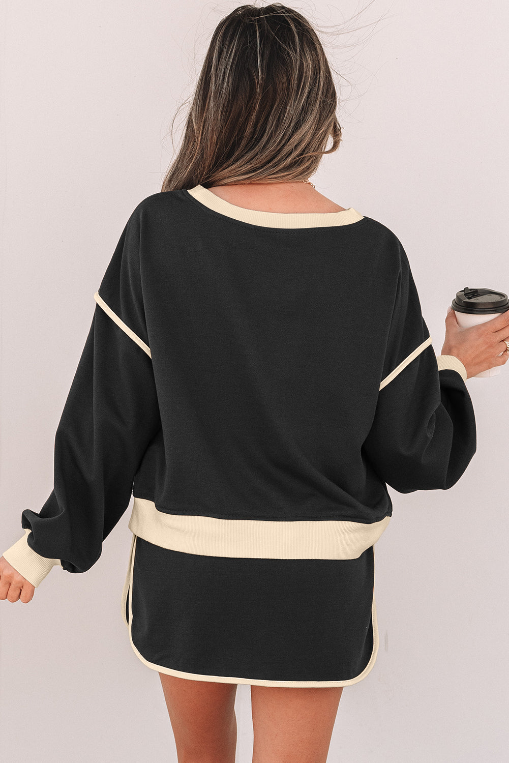 Blue Zone Planet | Black Color Contrast Loose Pullover And Lace-Up Waist Skort Set-Two Piece Sets/Two Piece Dresses-[Adult]-[Female]-2022 Online Blue Zone Planet