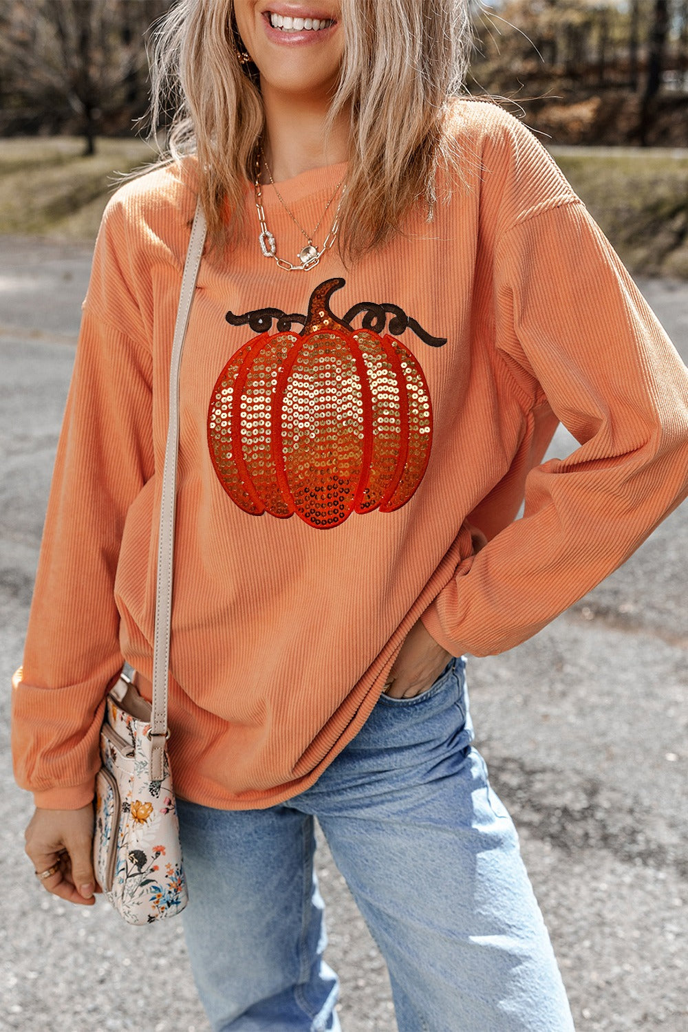 Sequin Pumpkin Round Neck Long Sleeve Sweatshirt-TOPS / DRESSES-[Adult]-[Female]-2022 Online Blue Zone Planet