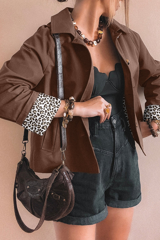 Dark Brown Collared Buttoned Leopard Liner Patchwork Chic Jacket