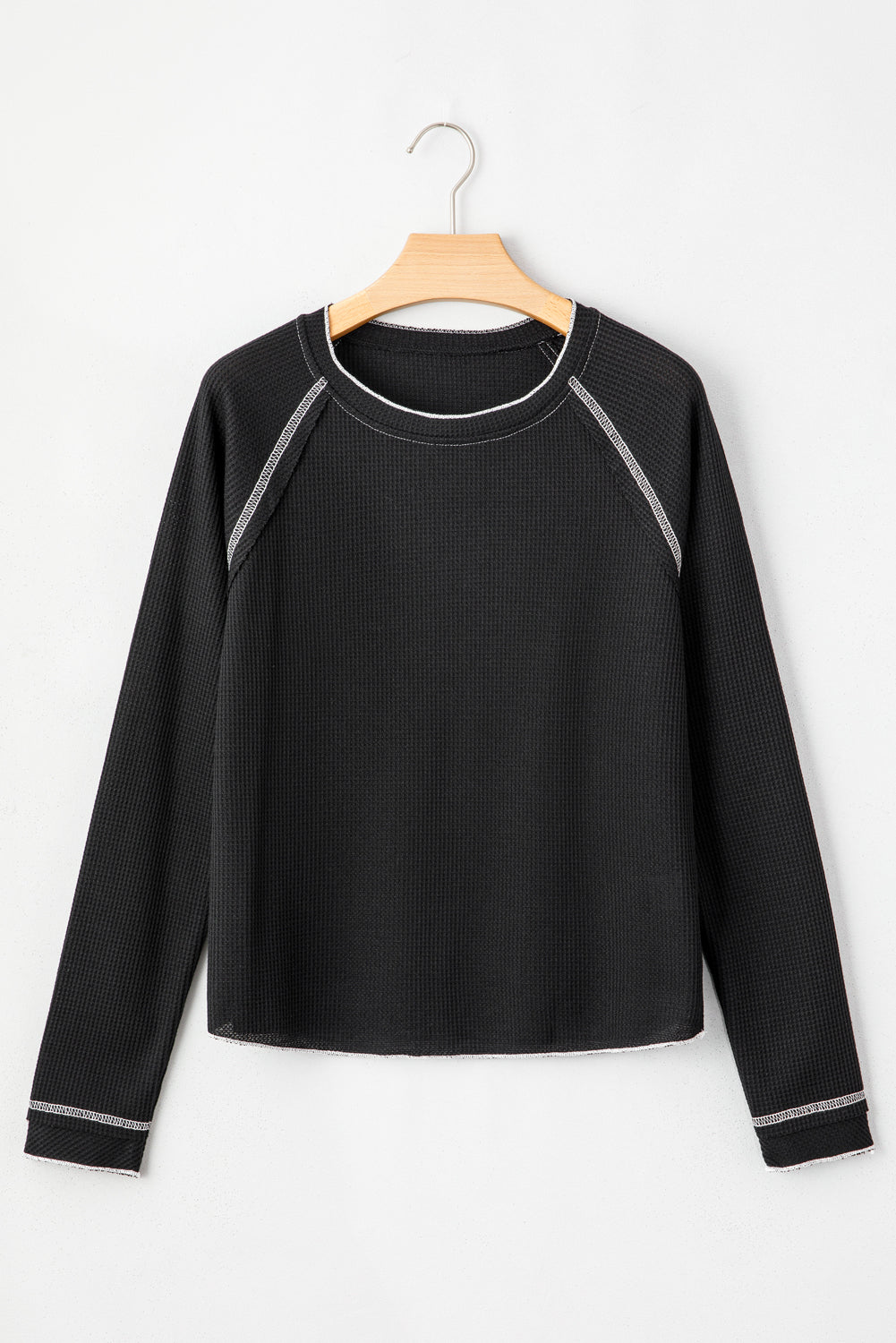 Blue Zone Planet | Black Textured Round Neck Long Sleeve Top-Tops/Long Sleeve Tops-[Adult]-[Female]-2022 Online Blue Zone Planet