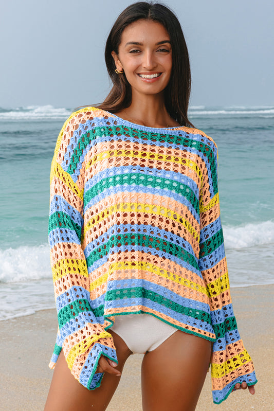 Beau Blue Multi Stripe Open Knit Sweater Beach Cover Up-Swimwear/Beach Cover-ups-[Adult]-[Female]-Beau Blue-S-2022 Online Blue Zone Planet