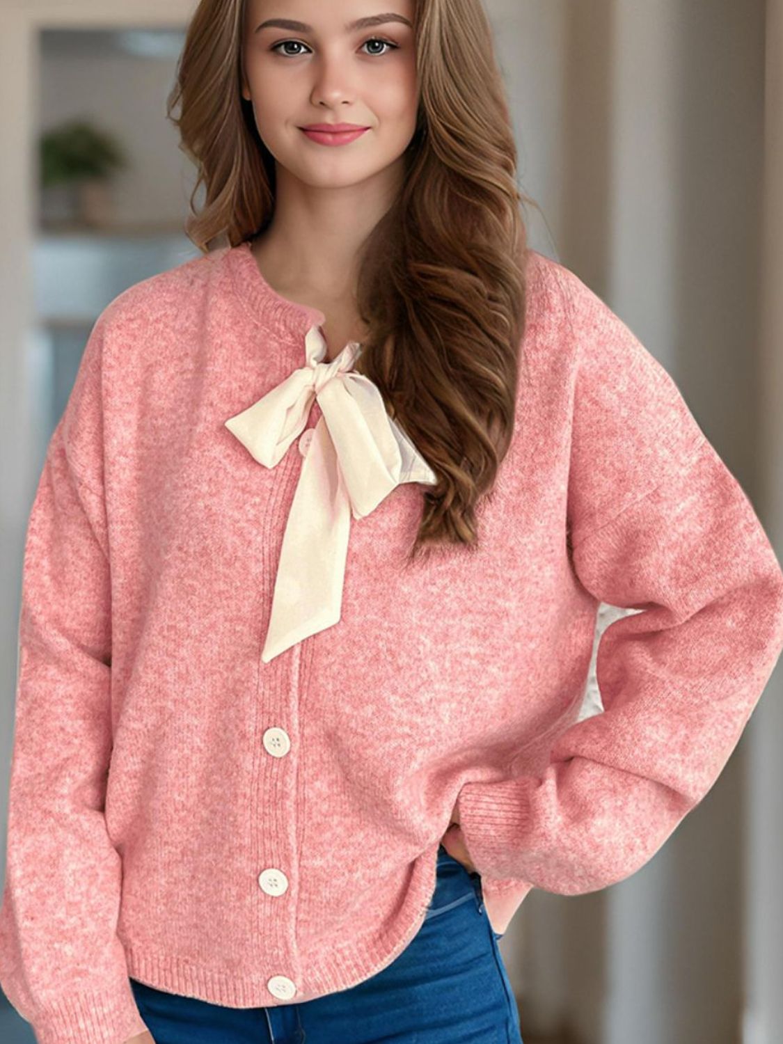 Tied Button Down Long Sleeve Cardigan-NEW ARRIVALS-[Adult]-[Female]-Coral-One Size-2022 Online Blue Zone Planet