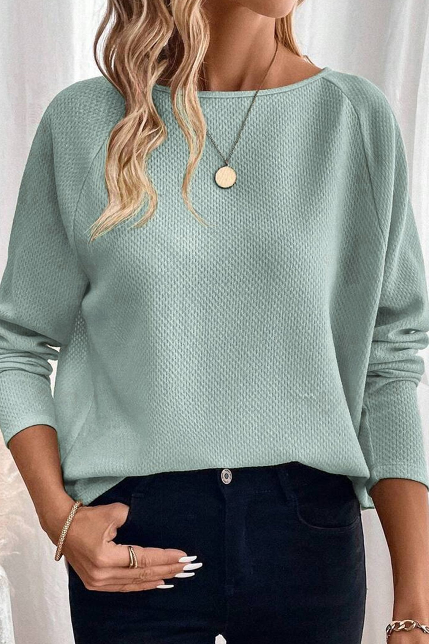 Moonlight Jade Textured Raglan Sleeve Knit Loose Top-Tops/Long Sleeve Tops-[Adult]-[Female]-2022 Online Blue Zone Planet