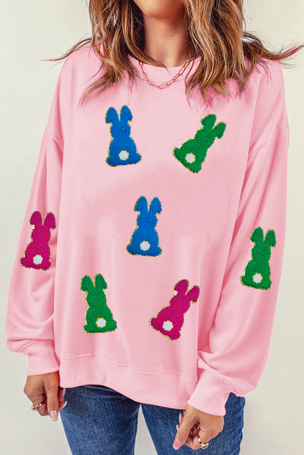 Pink Easter Bunny Chenille Patched Graphic Drop Shoulder Sweatshirt-Graphic/Graphic Sweatshirts-[Adult]-[Female]-2022 Online Blue Zone Planet