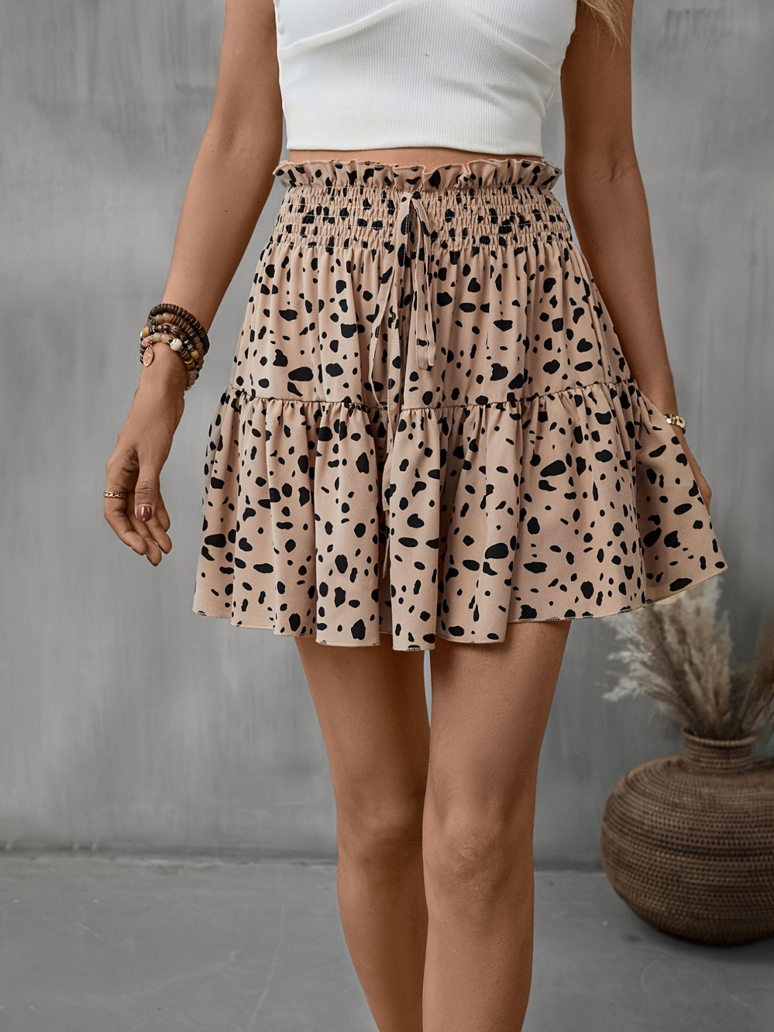 Frill Tied Printed Mini Skirt-BOTTOMS SIZES SMALL MEDIUM LARGE-[Adult]-[Female]-Khaki-S-2022 Online Blue Zone Planet