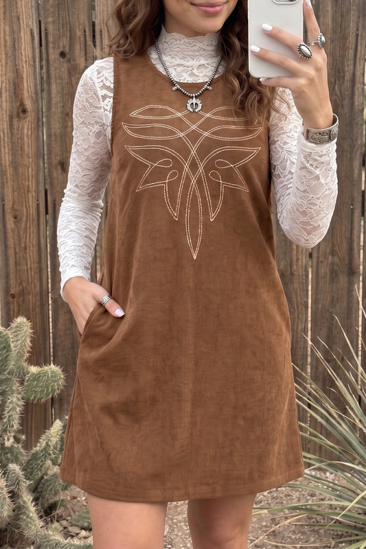 Coffee Geometric Embroidery Sleeveless Corduroy Shift Dress-TOPS / DRESSES-[Adult]-[Female]-Coffee-S-2022 Online Blue Zone Planet