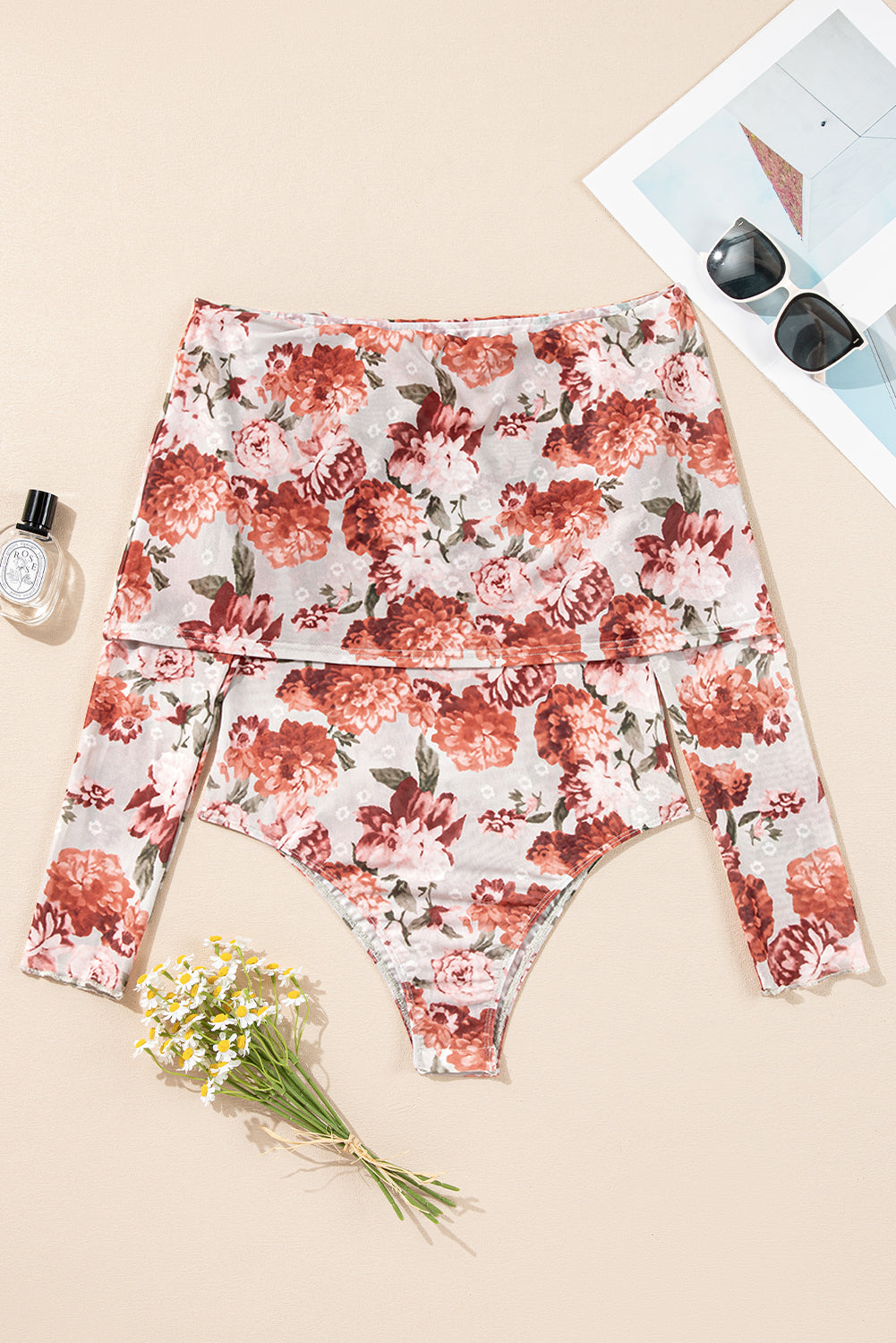 Pink Floral Print Overlay Long Sleeve Bodysuit-Bodysuit-[Adult]-[Female]-2022 Online Blue Zone Planet