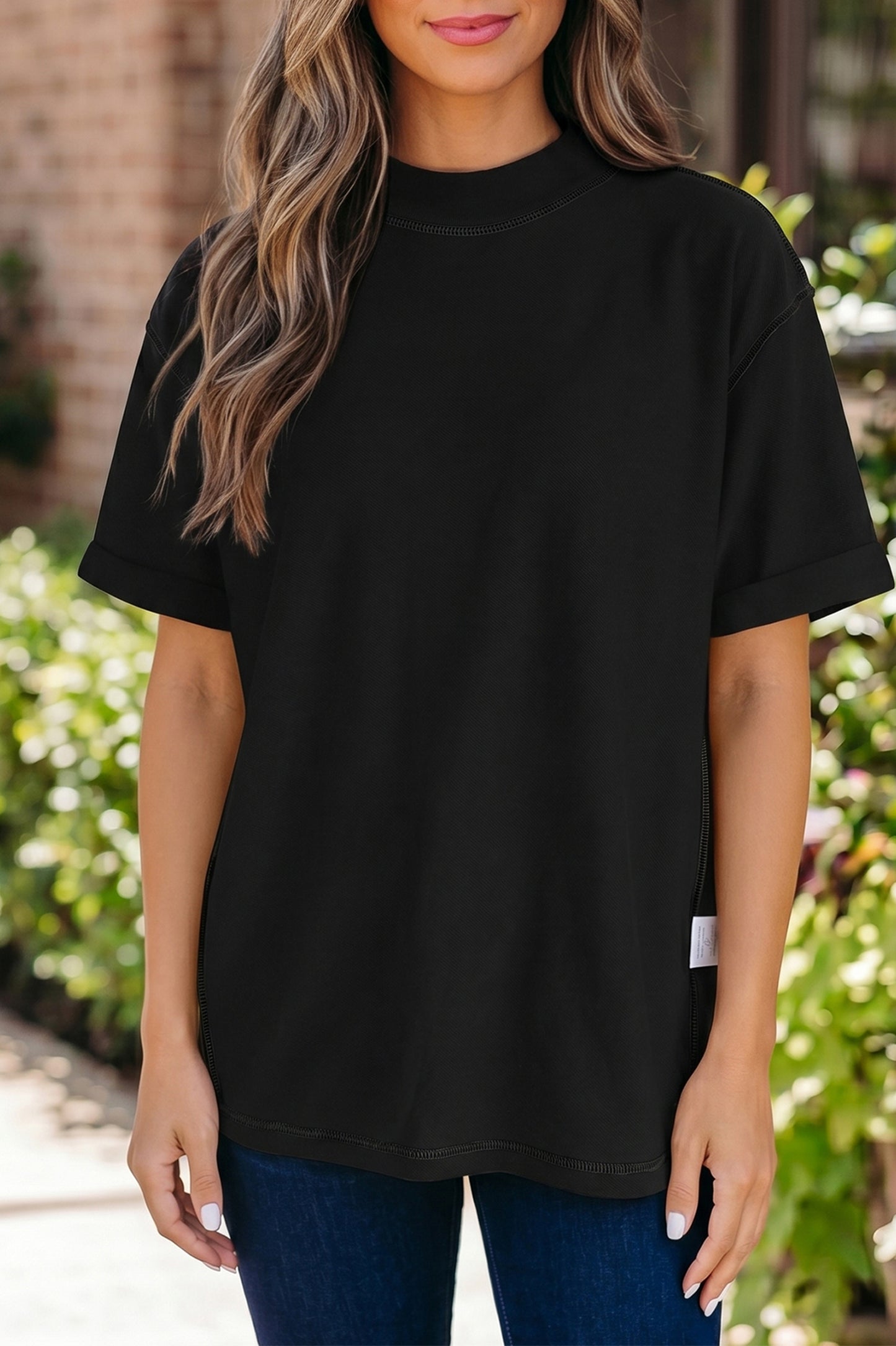 Black Solid Color High Neck Oversize Tee-Tops/Tops & Tees-[Adult]-[Female]-2022 Online Blue Zone Planet