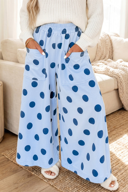 Sky Blue Polka Dot Wide Leg Elastic Waist Casual Pants-Bottoms/Pants & Culotte-[Adult]-[Female]-Sky Blue-S-2022 Online Blue Zone Planet