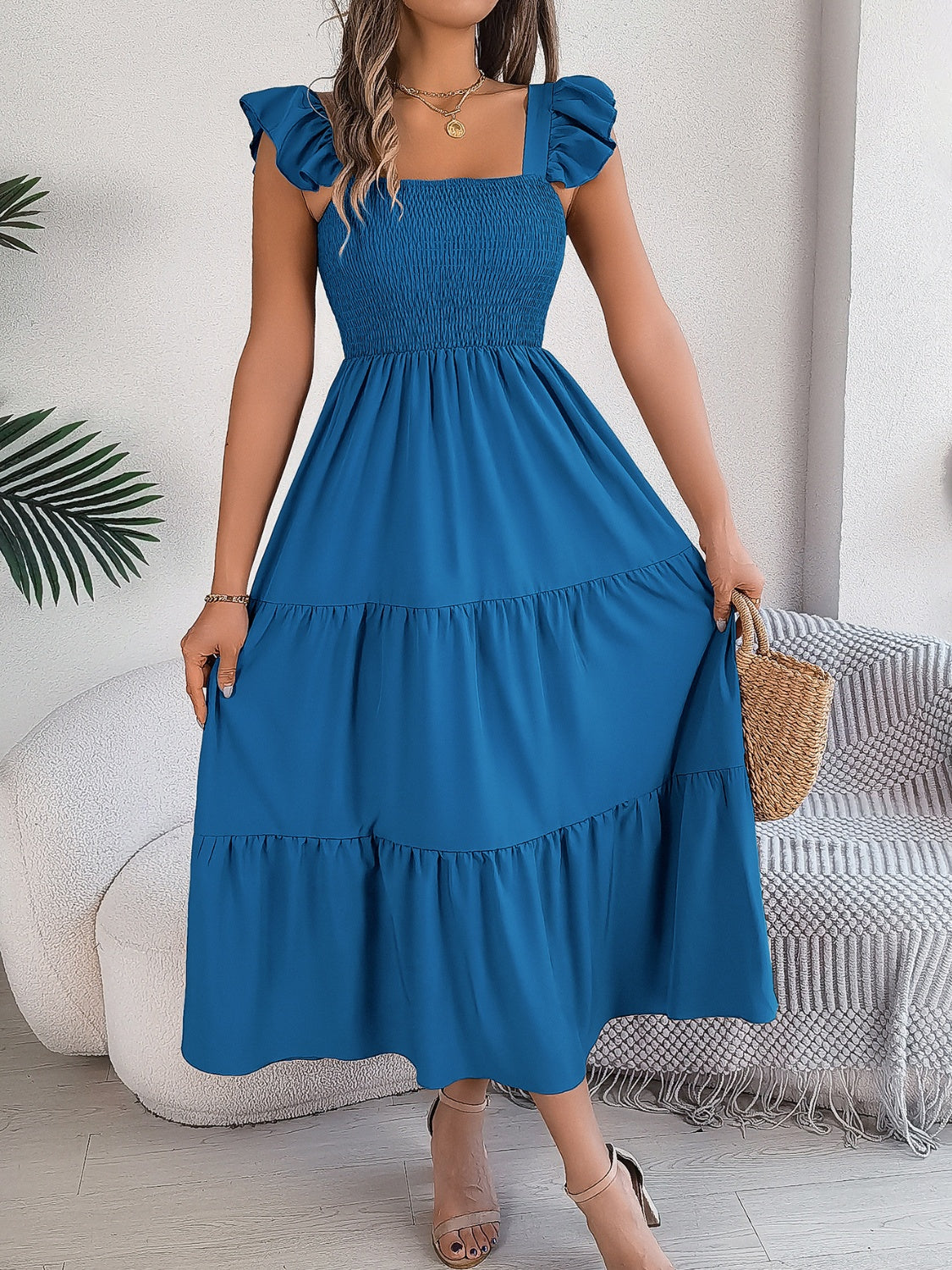 Blue Zone Planet | Smocked Square Neck Cap Sleeve Midi Dress-TOPS / DRESSES-[Adult]-[Female]-2022 Online Blue Zone Planet