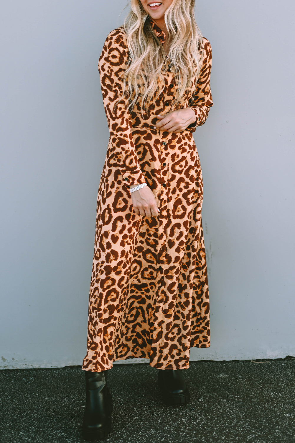 Blue Zone Planet | Leopard Button-Up Long Sleeve Maxi Dress-TOPS / DRESSES-[Adult]-[Female]-2022 Online Blue Zone Planet