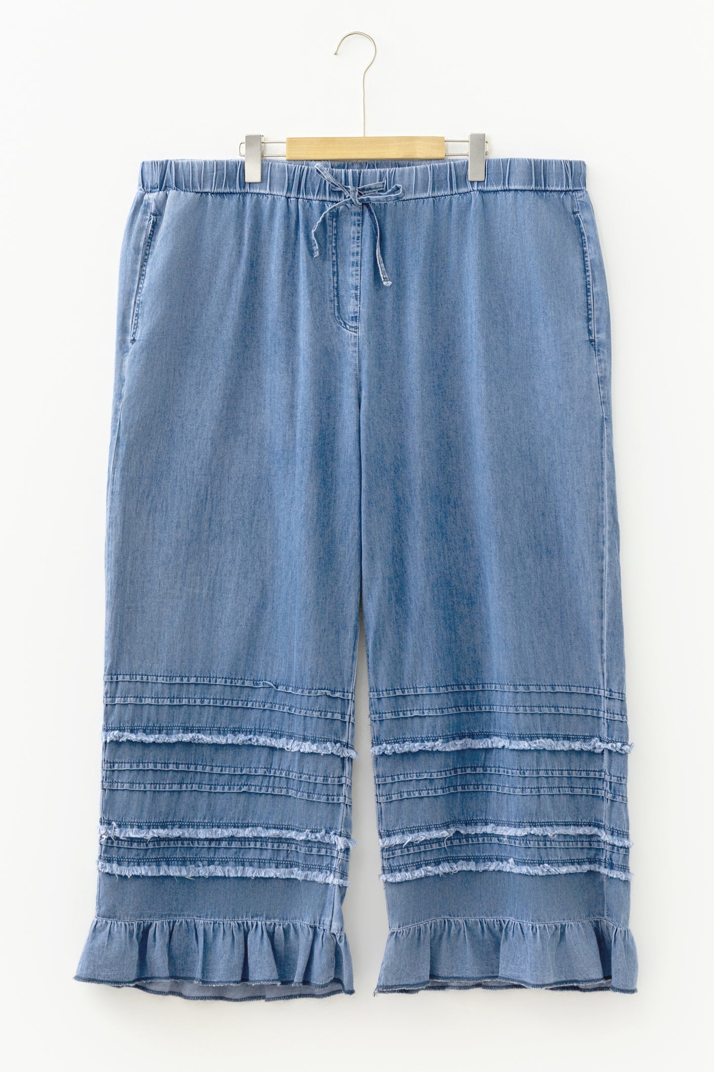 Dusk Blue Tiered Raw Edge Ruffled Plus Size Wide Leg Denim Pants-Plus Size/Plus Size Bottoms-[Adult]-[Female]-2022 Online Blue Zone Planet
