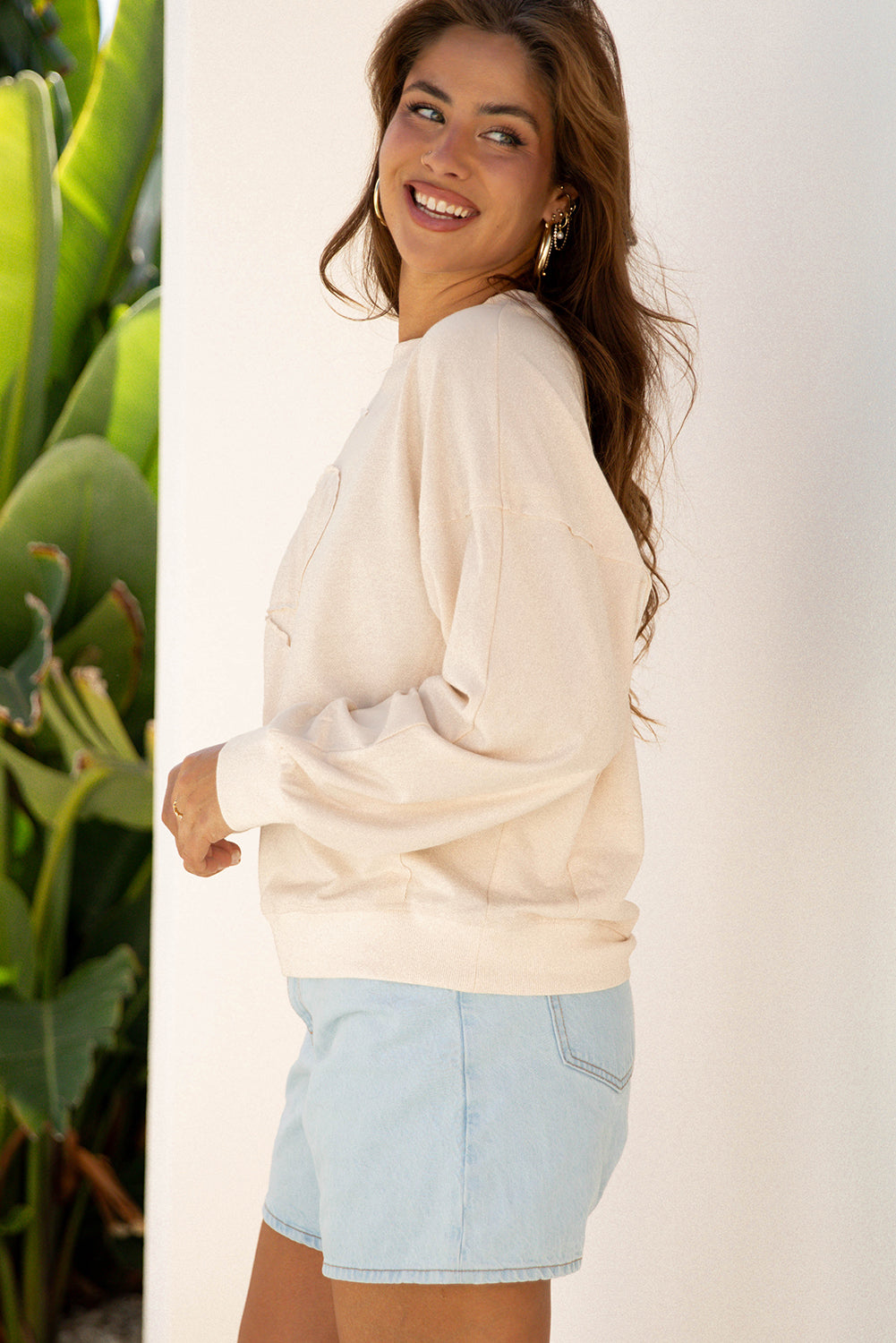 Smoke Green Raw Edge Flower Patch Drop Shoulder Casual Top-Tops/Long Sleeve Tops-[Adult]-[Female]-2022 Online Blue Zone Planet